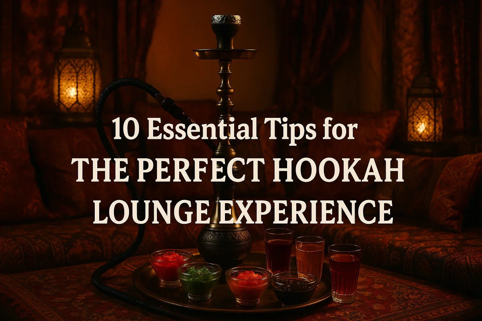 Elegant hookah lounge setting with cozy décor, shisha flavors, beverages, and text