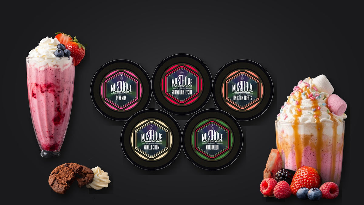 Musthave Flavor Mixes — ready-to-pack cans with dessert floats on charcoal studio