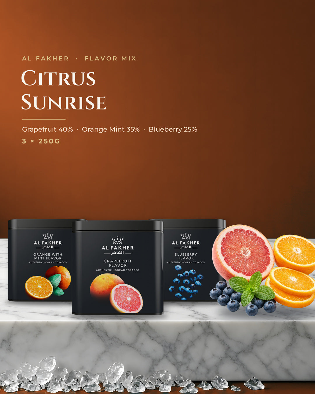 Al Fakher Flavor Mix Citrus Sunrise — Grapefruit, Orange Mint and Blueberry 250G boxes, portrait tile