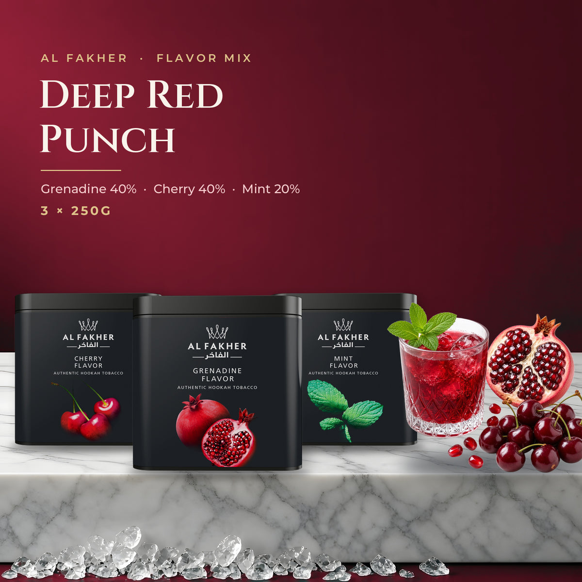 Al Fakher Flavor Mix Deep Red Punch — Grenadine, Cherry and Mint 250G boxes with fruit on marble