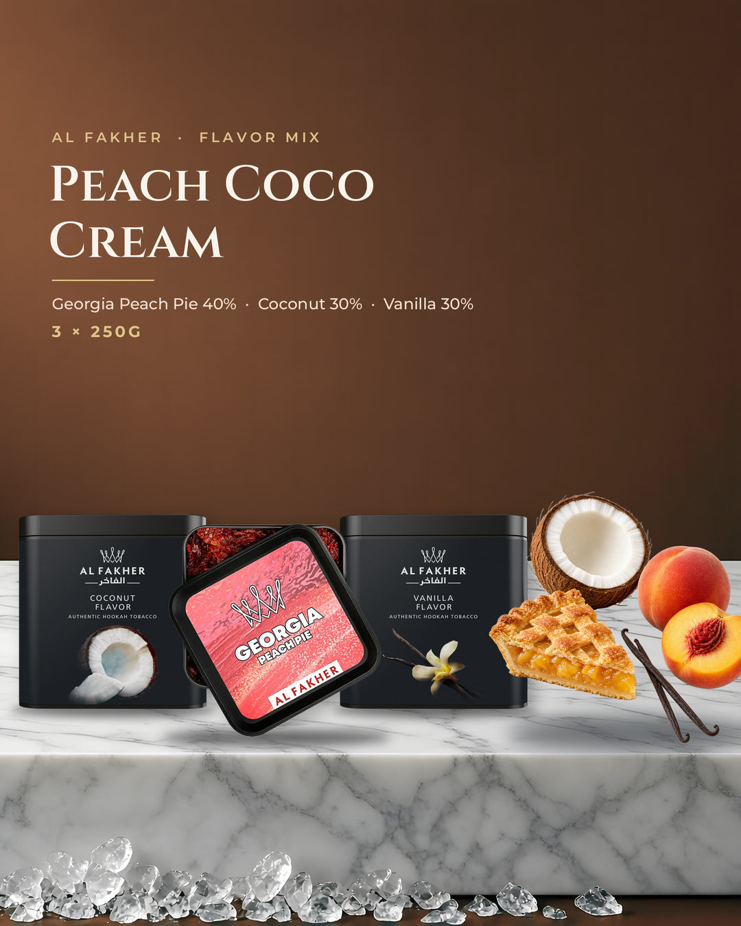 Al Fakher Flavor Mix Peach Coco Cream — Georgia Peach Pie, Coconut and Vanilla 250G boxes, portrait tile