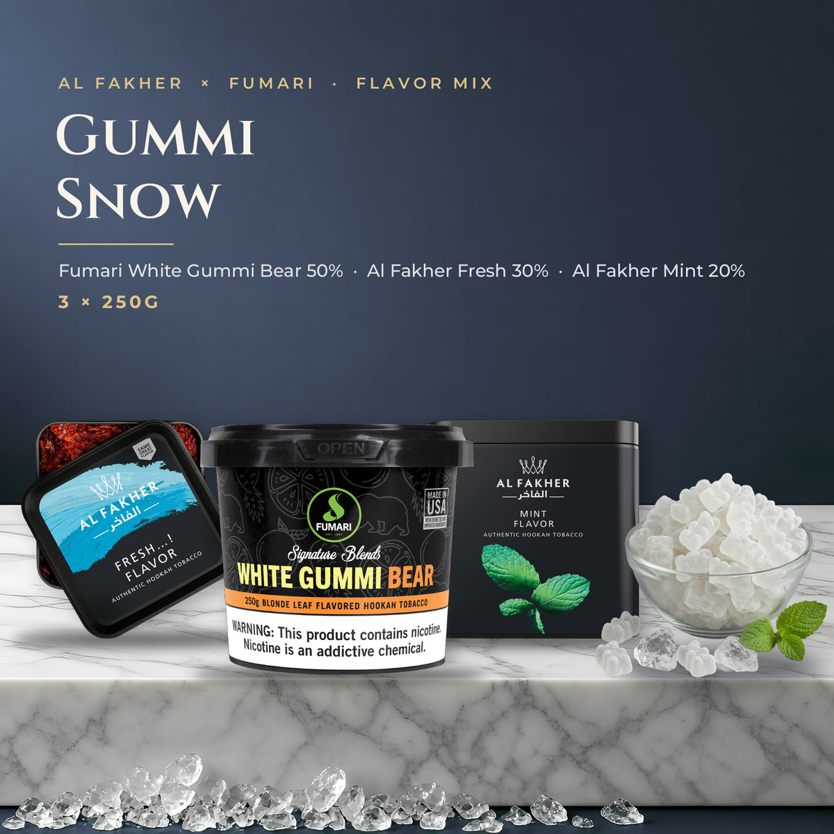 Al Fakher × Fumari Flavor Mix Gummi Snow — Fumari White Gummi Bear, Al Fakher Fresh and Al Fakher Mint 250G boxes with fruit on marble
