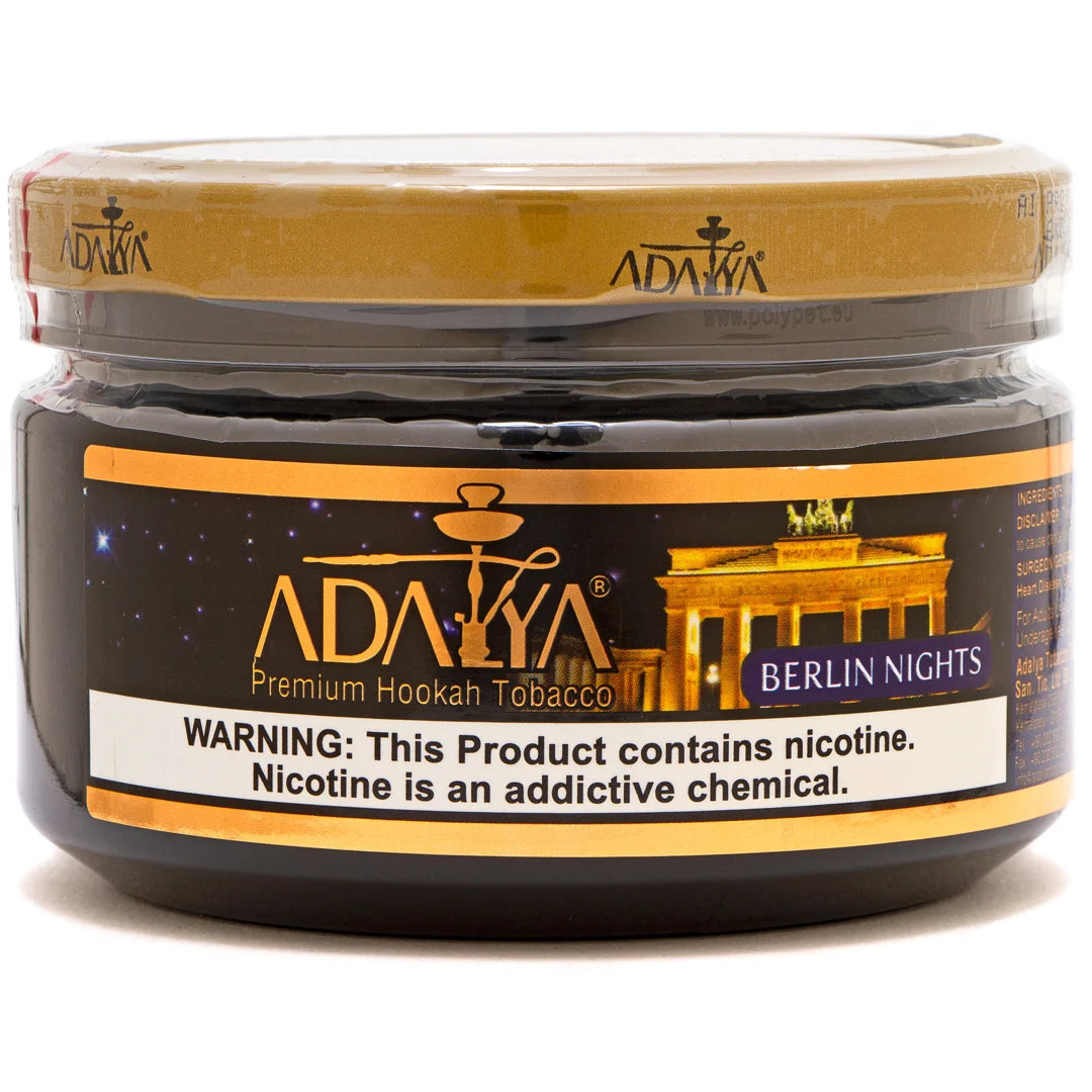 Adalya Berlin Nights Hookah Flavor – a rich blend of peach and mint for a smooth smoking experience.