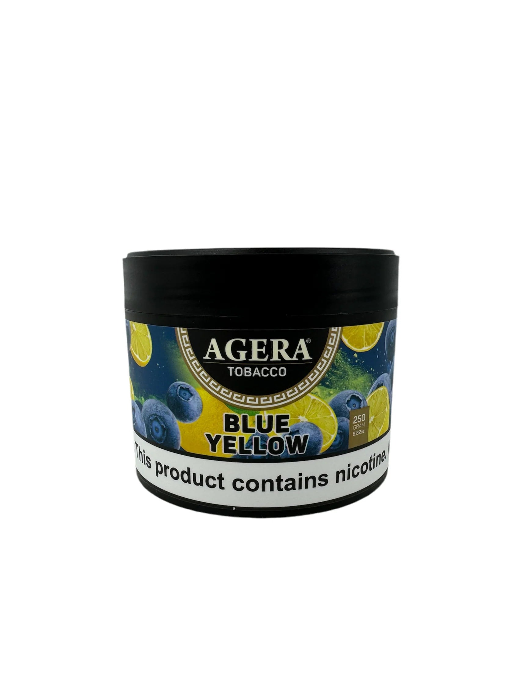 Agera Tobacco container with blue and yellow design on a white background