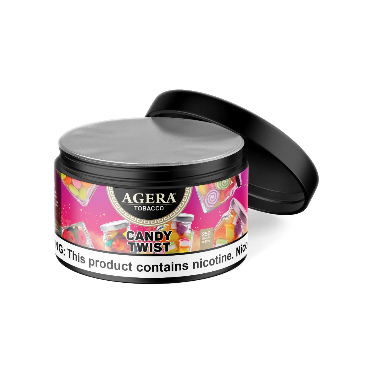 Agera Candy Twist tobacco tin with colorful label on a white background