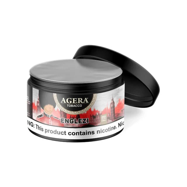 Agera Tobacco Englez! canister with black lid on a white background