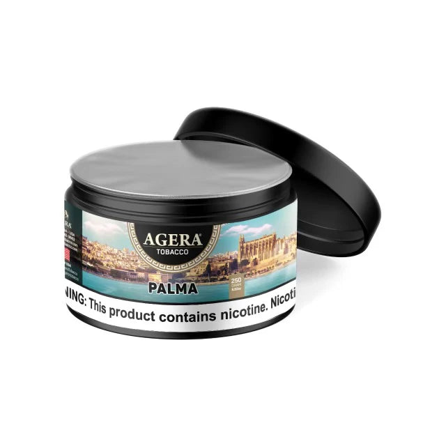 Agera Tobaco Palma tin with scenic label on a white background