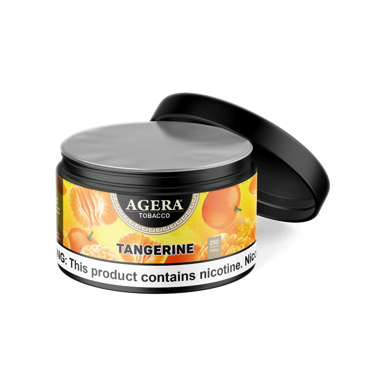 Agera Tangerine tobacco product container with black lid on a white background