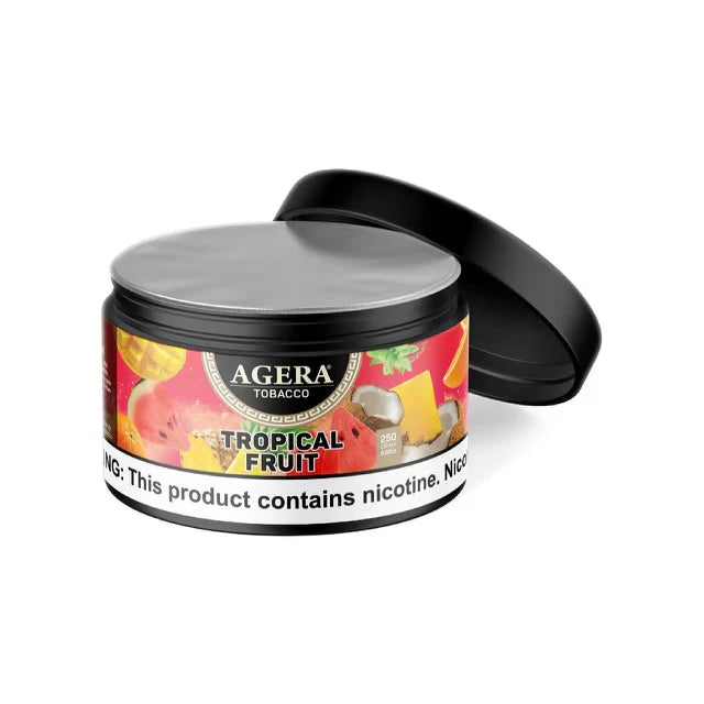 Agera Tropical Fruit tobacco can with colorful label on a white background