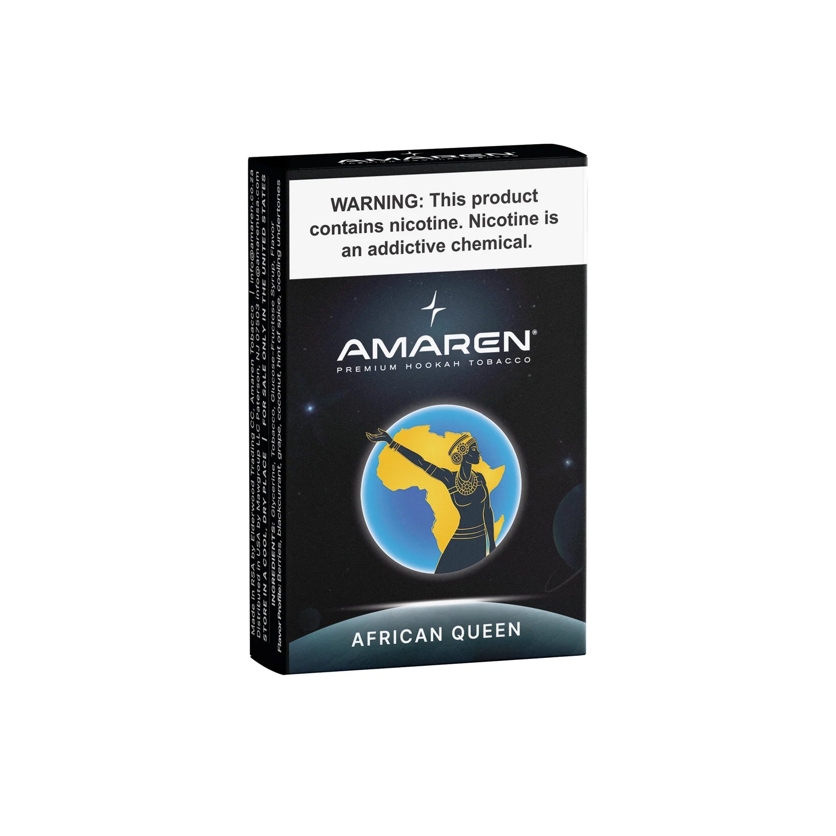 Amaren hookah tobacco packaging with 'African Queen' design on a white background