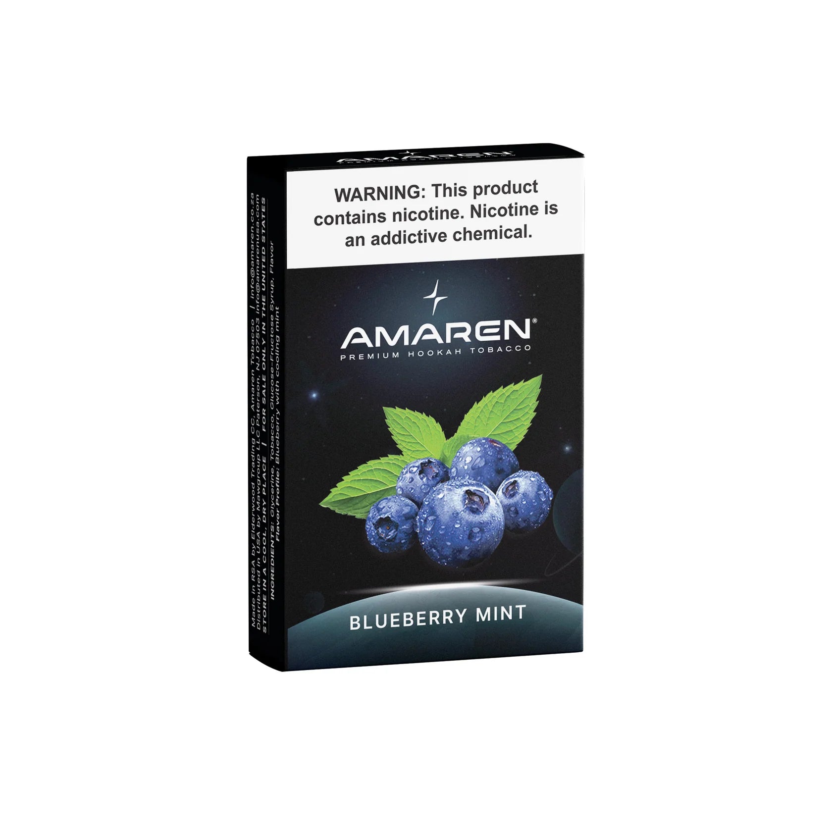 Amaren blueberry mint hookah tobacco packaging on a white background