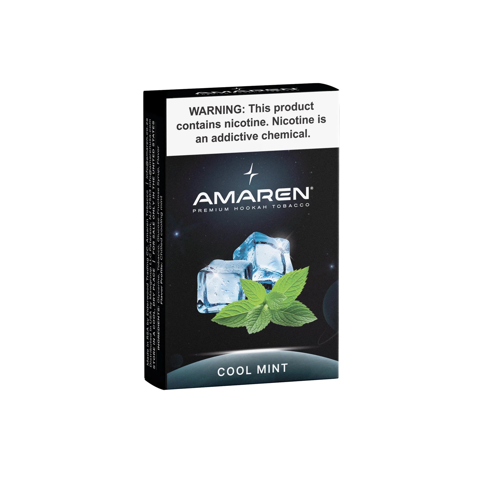 Amaren Cool Mint tobacco packaging with ice cubes and mint leaves on a white background