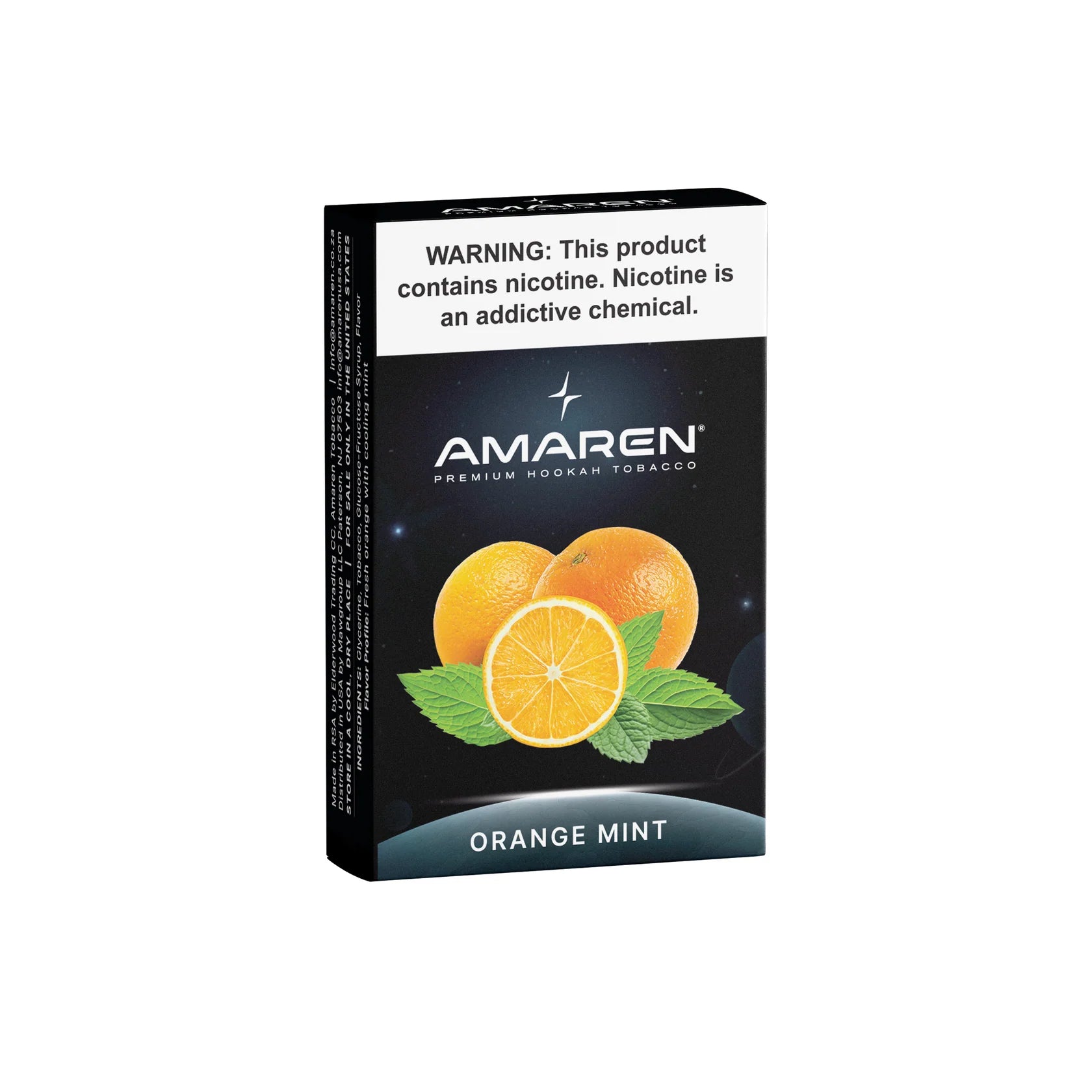 Amaren Orange Mint hookah tobacco packaging with nicotine warning label.