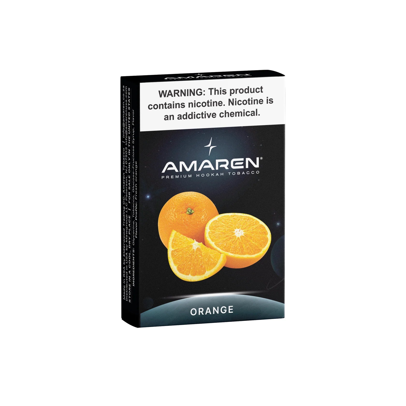 Amaren hookah tobacco packaging with oranges and nicotine warning label on a white background