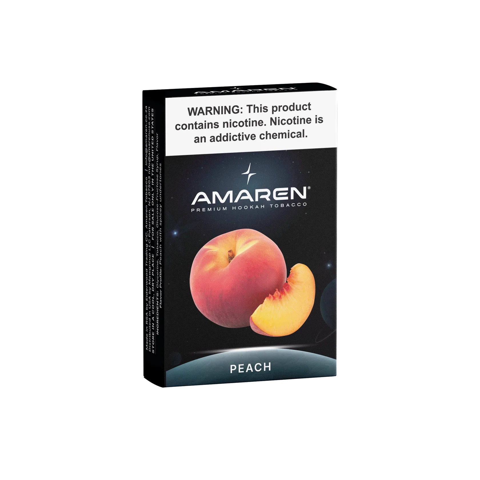 Amaren peach hookah tobacco packaging with a warning label on a white background