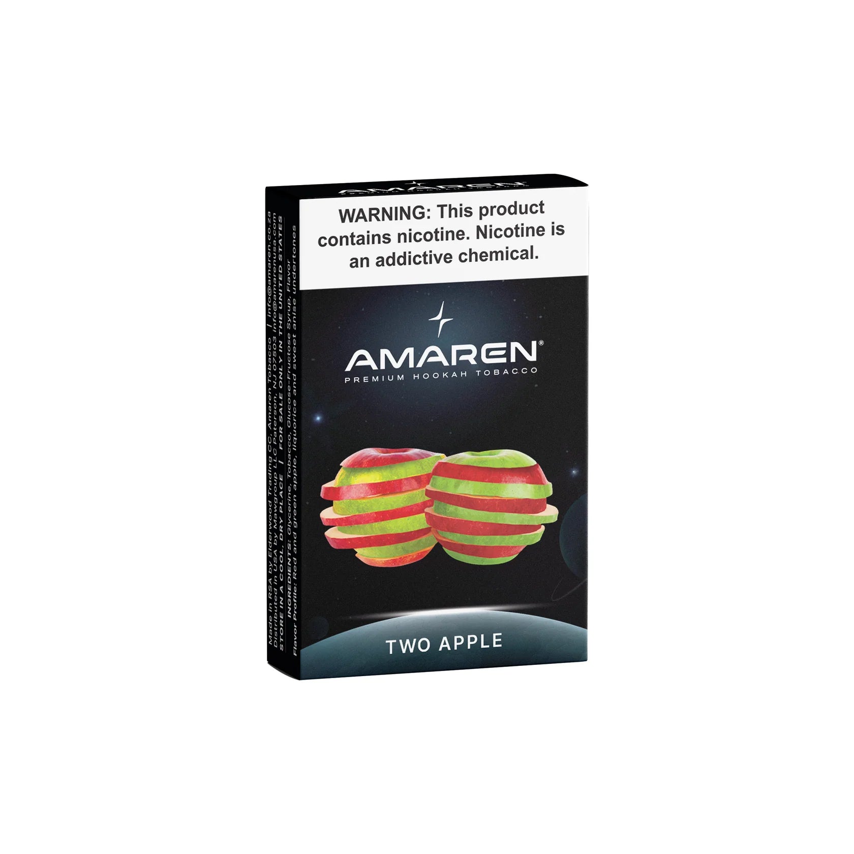 Amaren tobacco packaging with two apple illustration on a white background