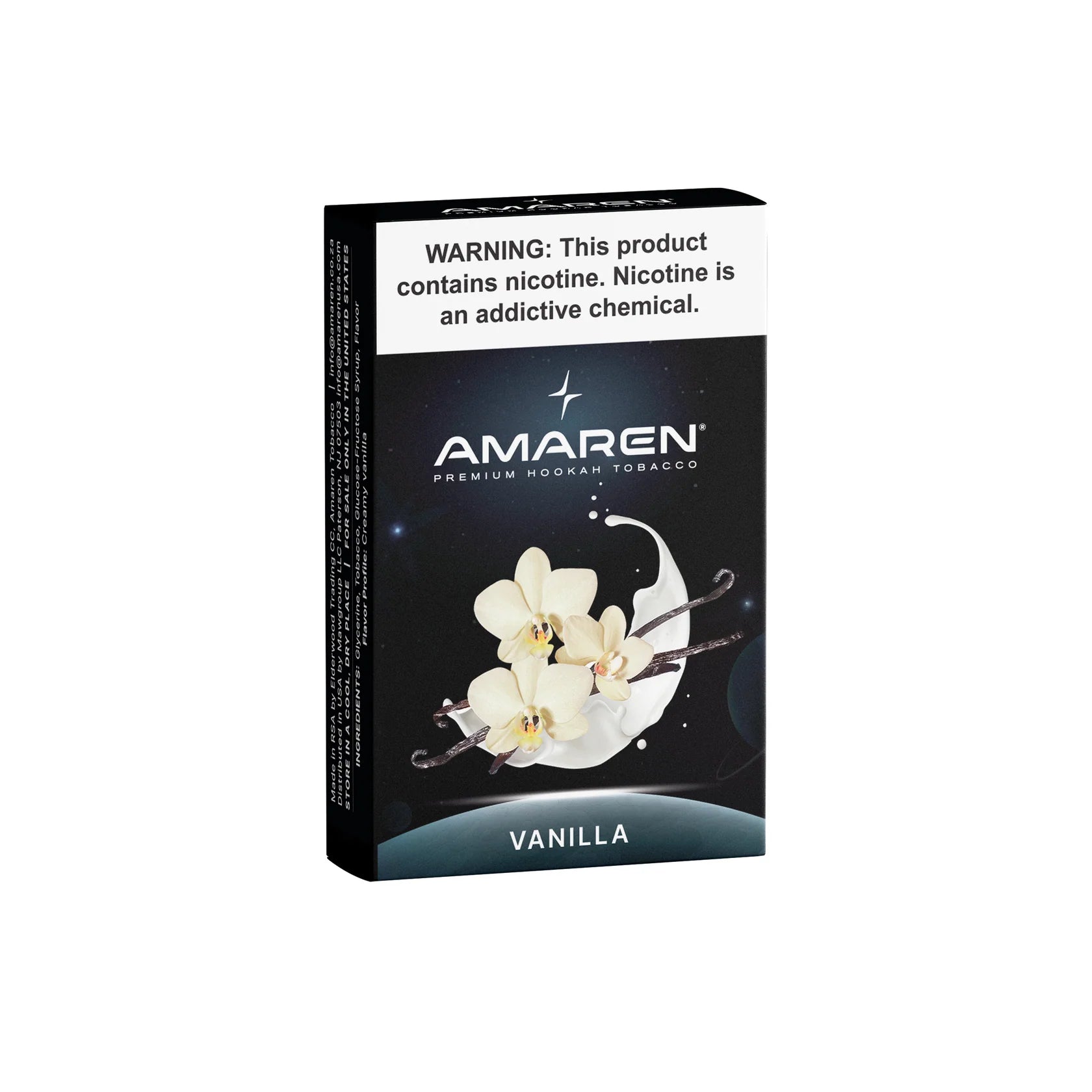 Amaren vanilla hookah tobacco packaging with a white flower design on a black background