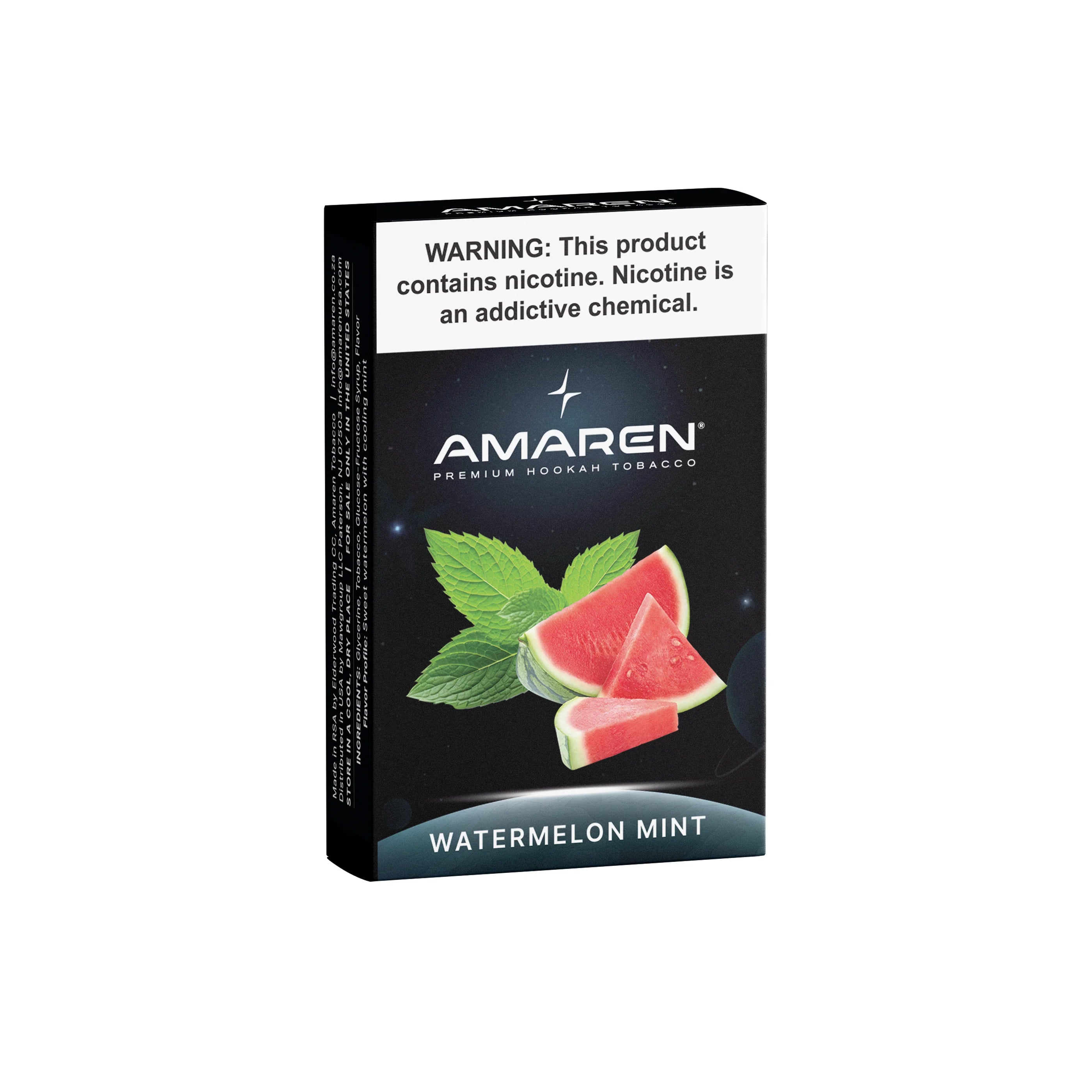 Amaren hookah tobacco packaging with watermelon and mint design on a white background