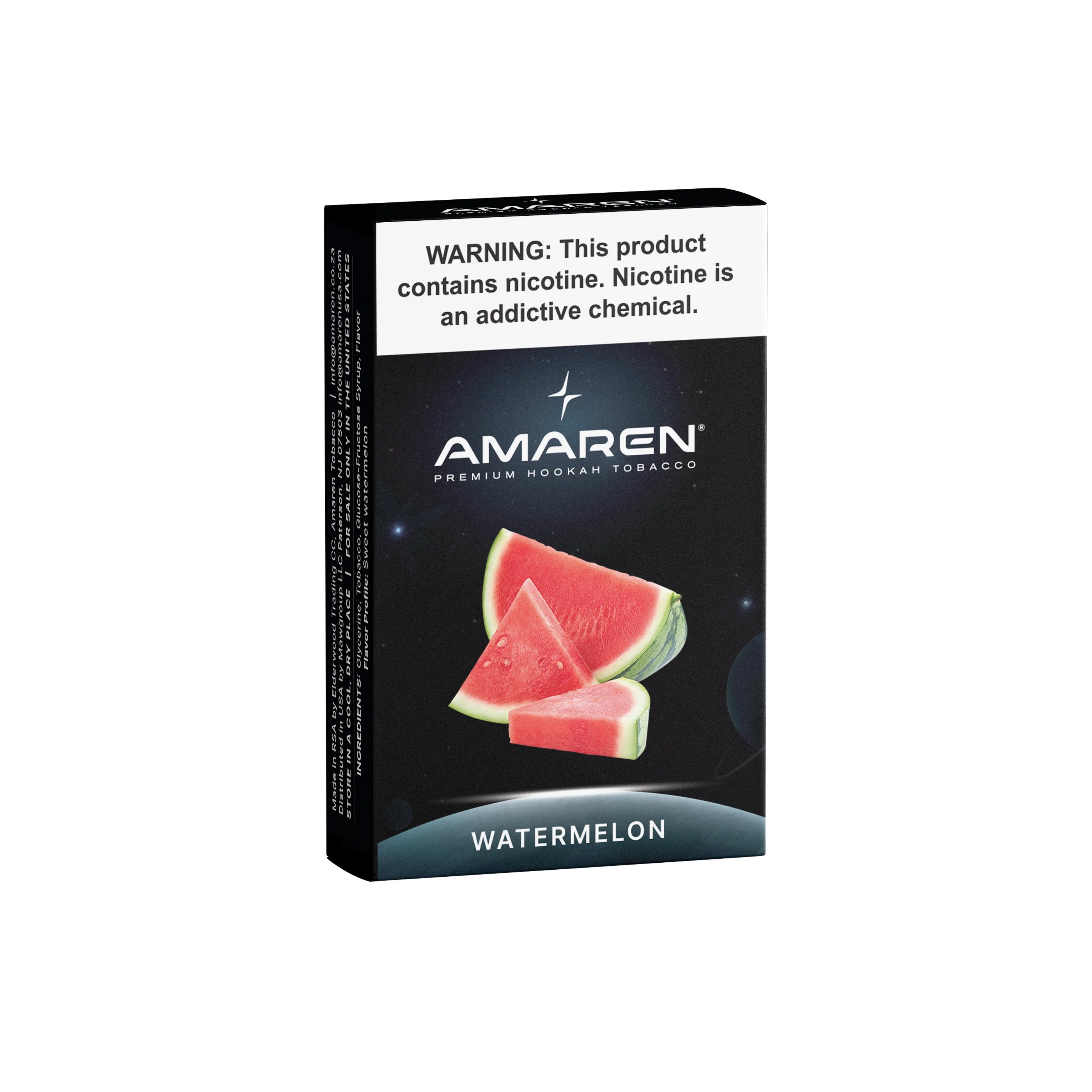 Amaren watermelon hookah tobacco packaging with watermelon slices on a white background