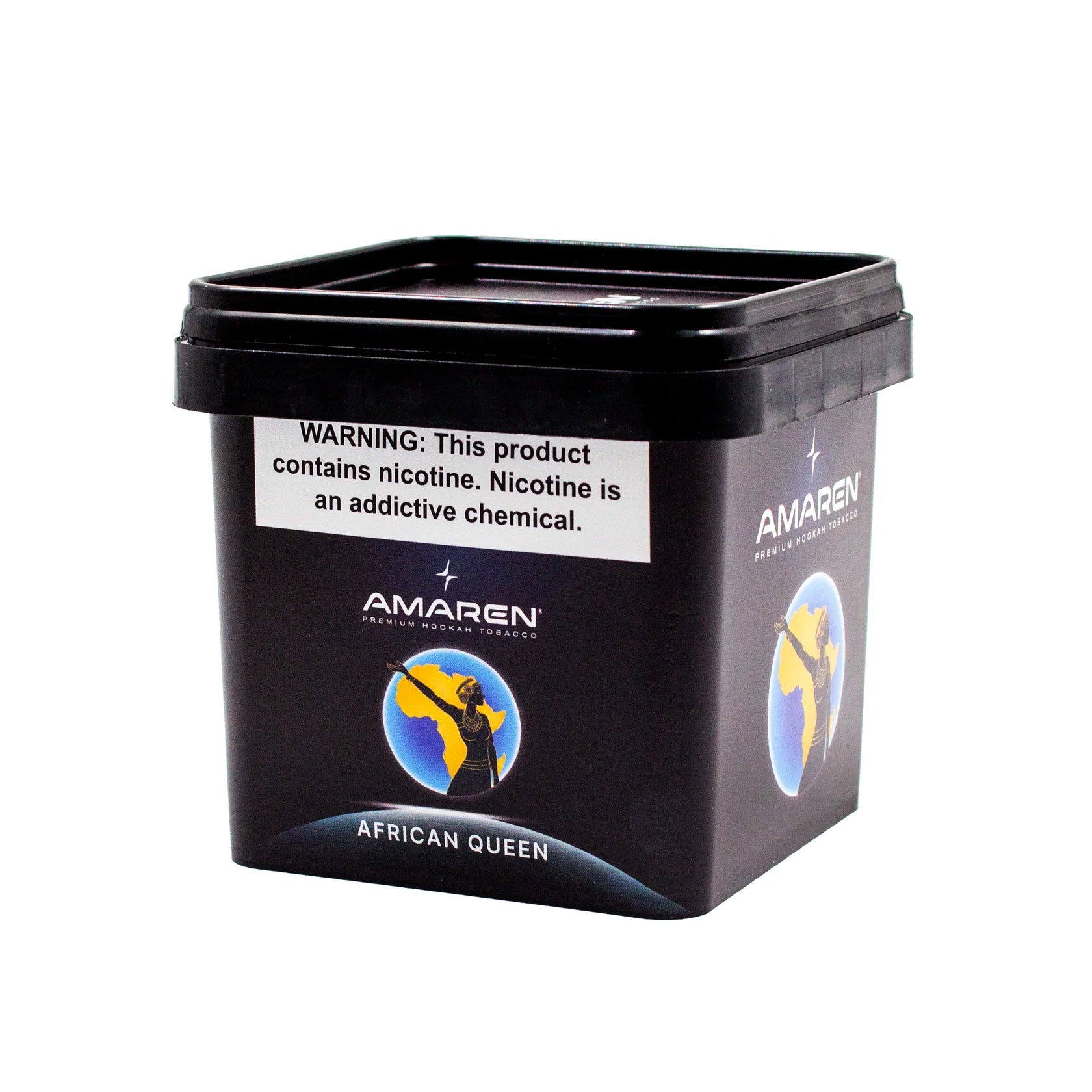 Black container with 'Amaren' branding and nicotine warning label on a white background