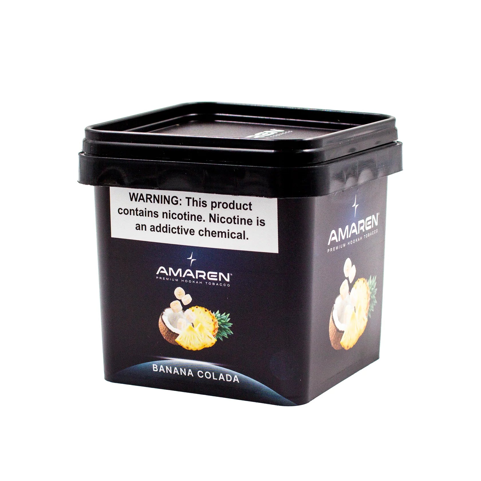 Black container of Amaren Banana Colada with nicotine warning label on a white background