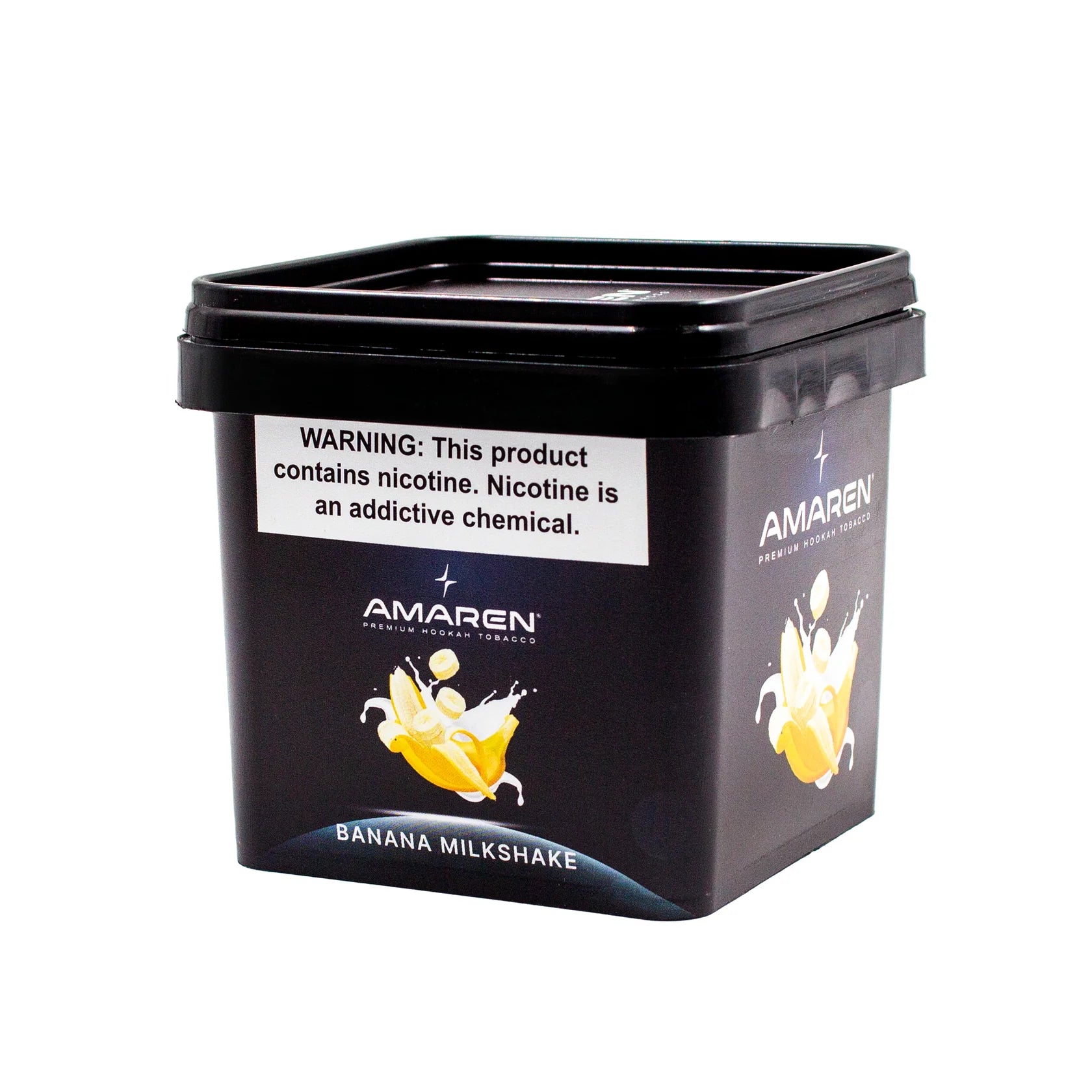 Black container of Amaren banana milkshake flavor with nicotine warning label on a white background