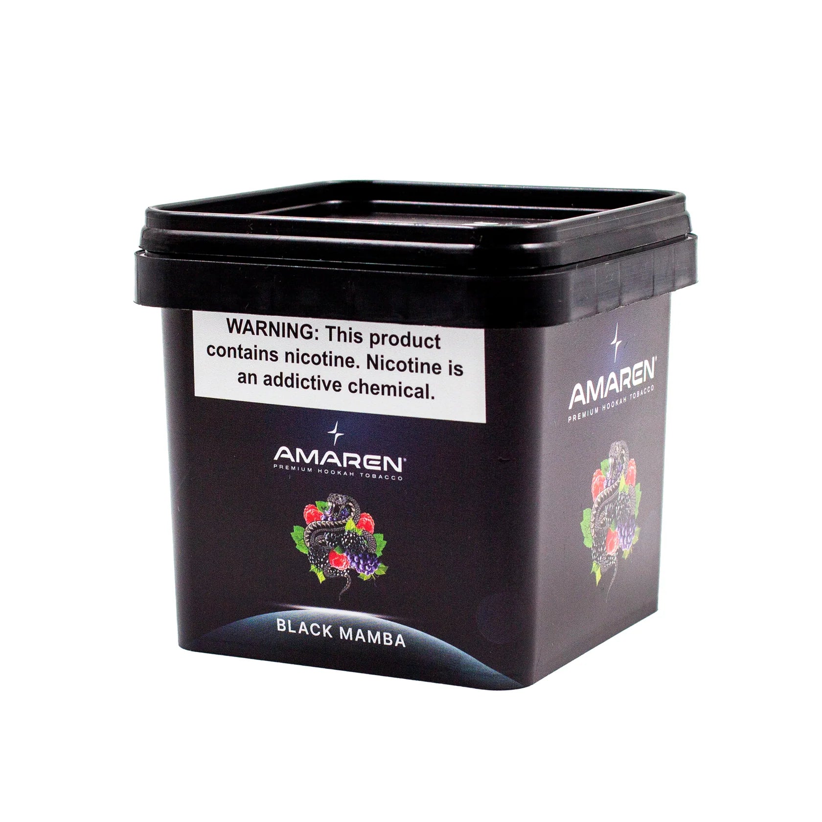 Black container with 'Amaren' branding and nicotine warning label on a white background