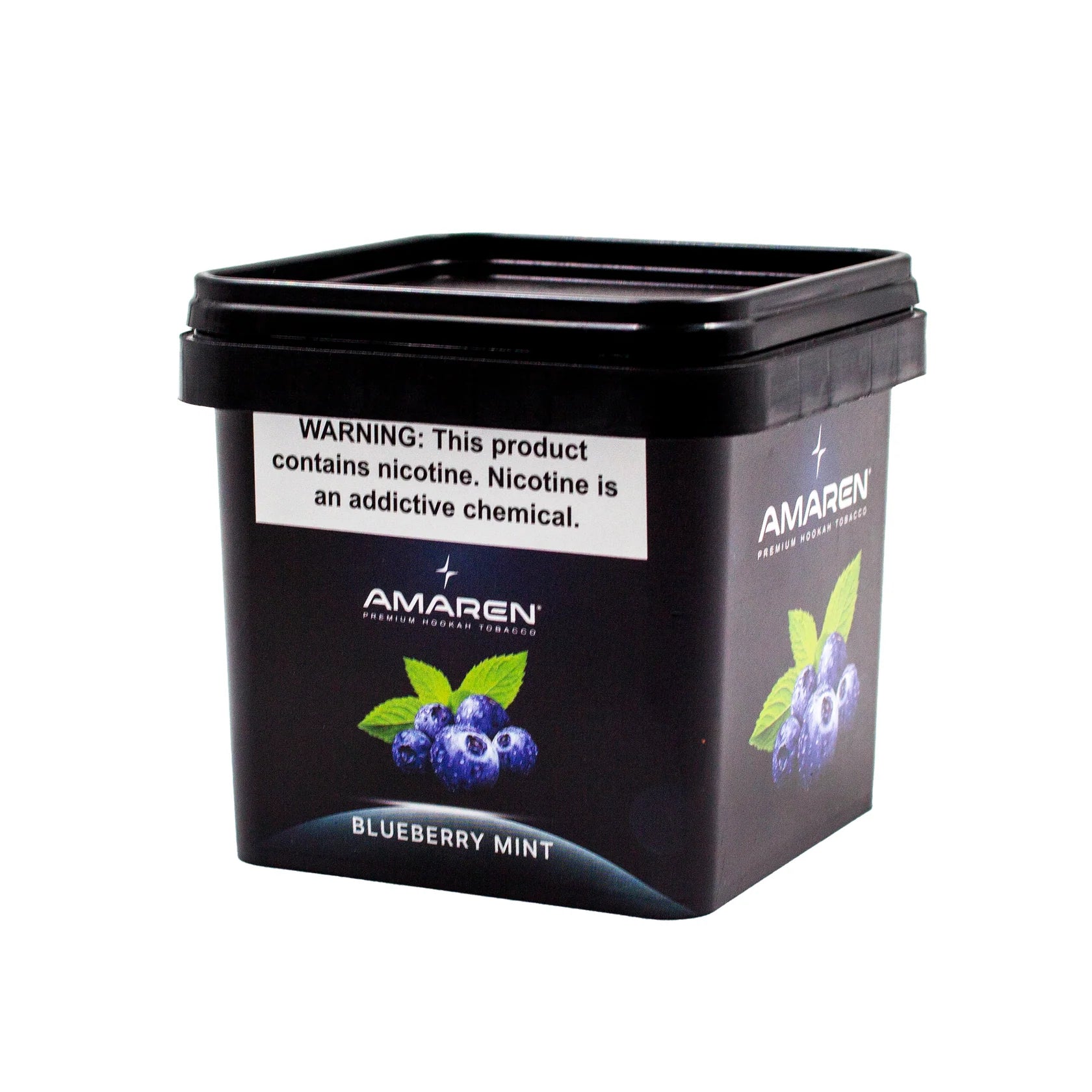 Black container of Amaren blueberry mint product with warning label on a white background