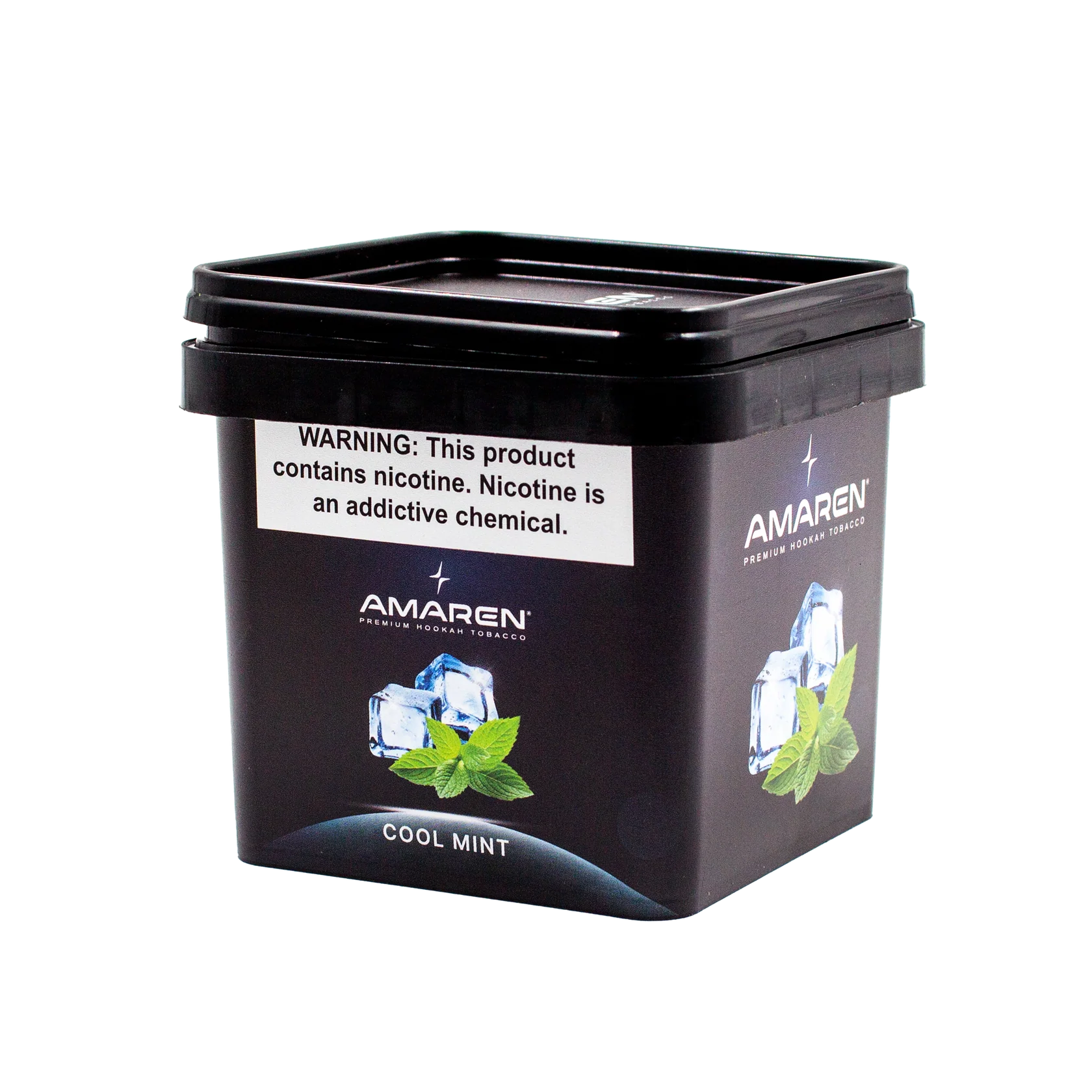 Black container of Amaren Cool Mint tobacco with warning label on a white background