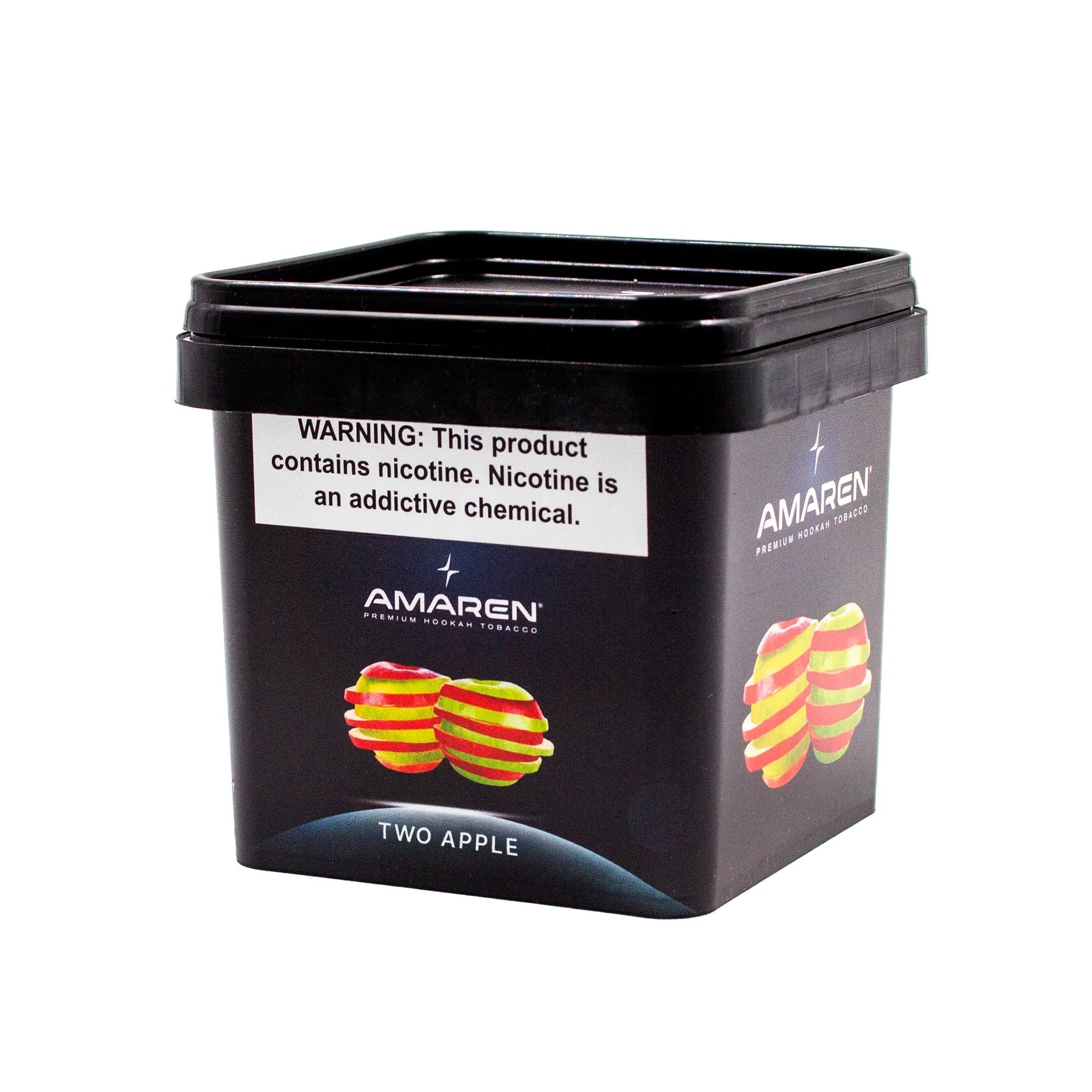 Black container of Amaren tobacco with warning label and two apple flavor packaging on a white background