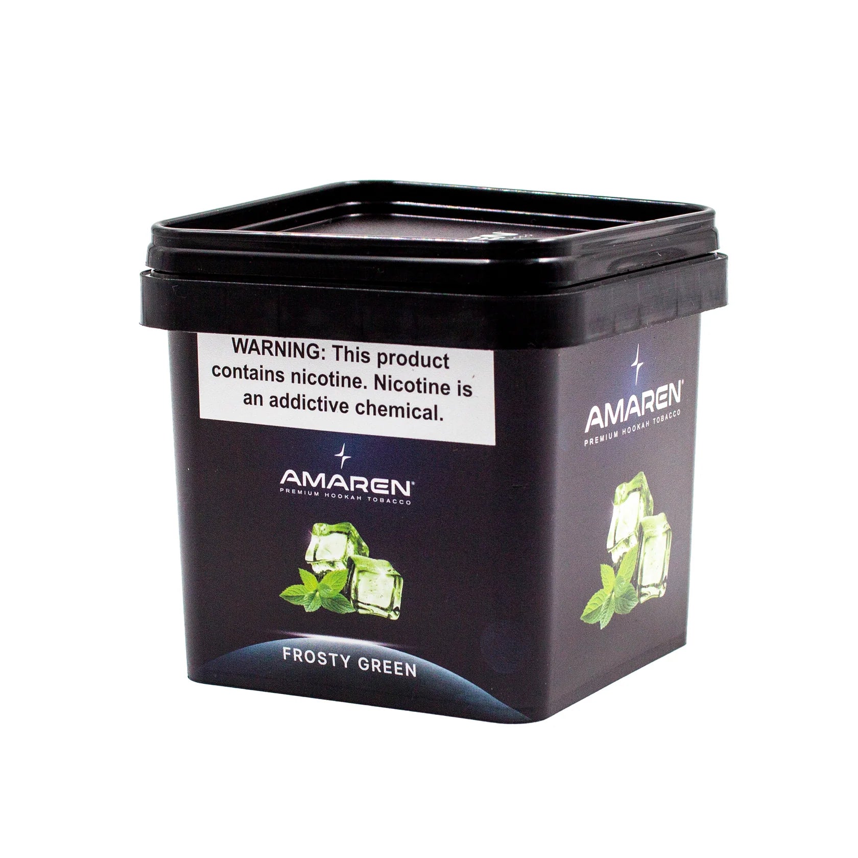 Black container of Amaren frosty green tobacco with warning label on a white background