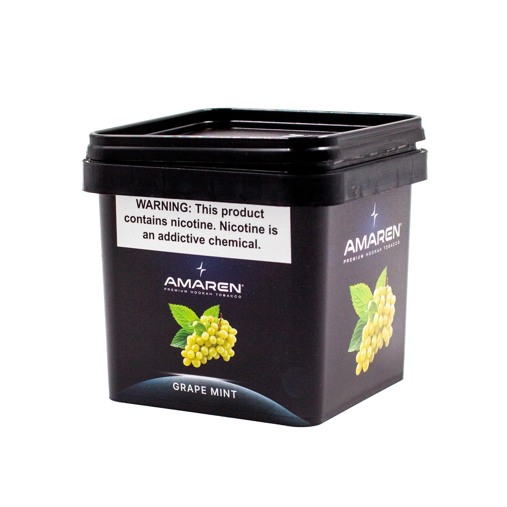 Black container of Amaren grape mint product with warning label on a white background