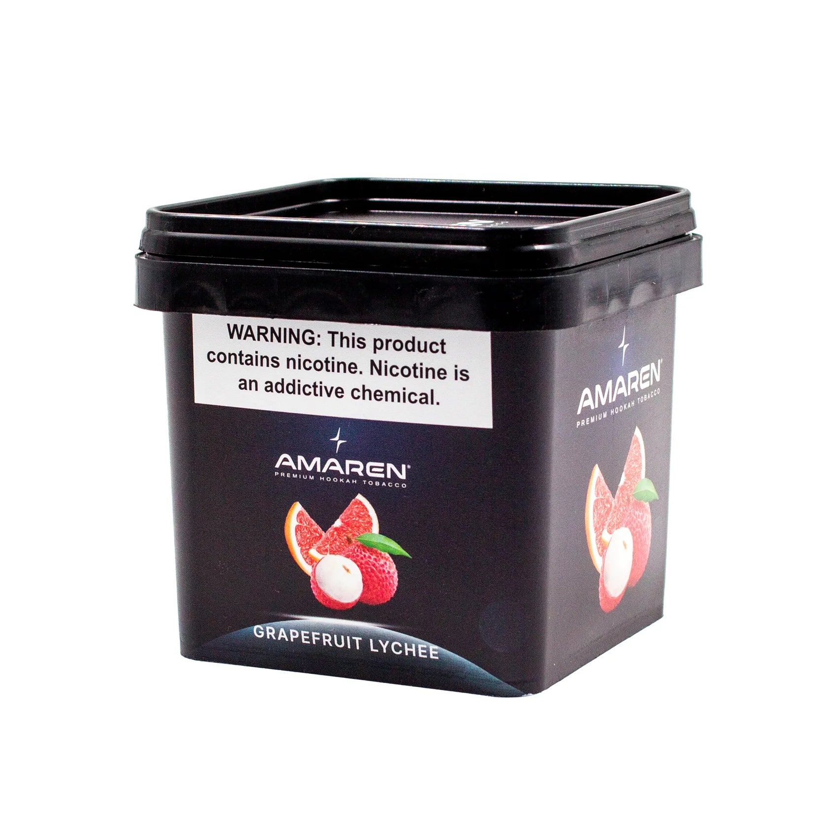 Black container of Amaren grapefruit lychee flavor with warning label on a white background