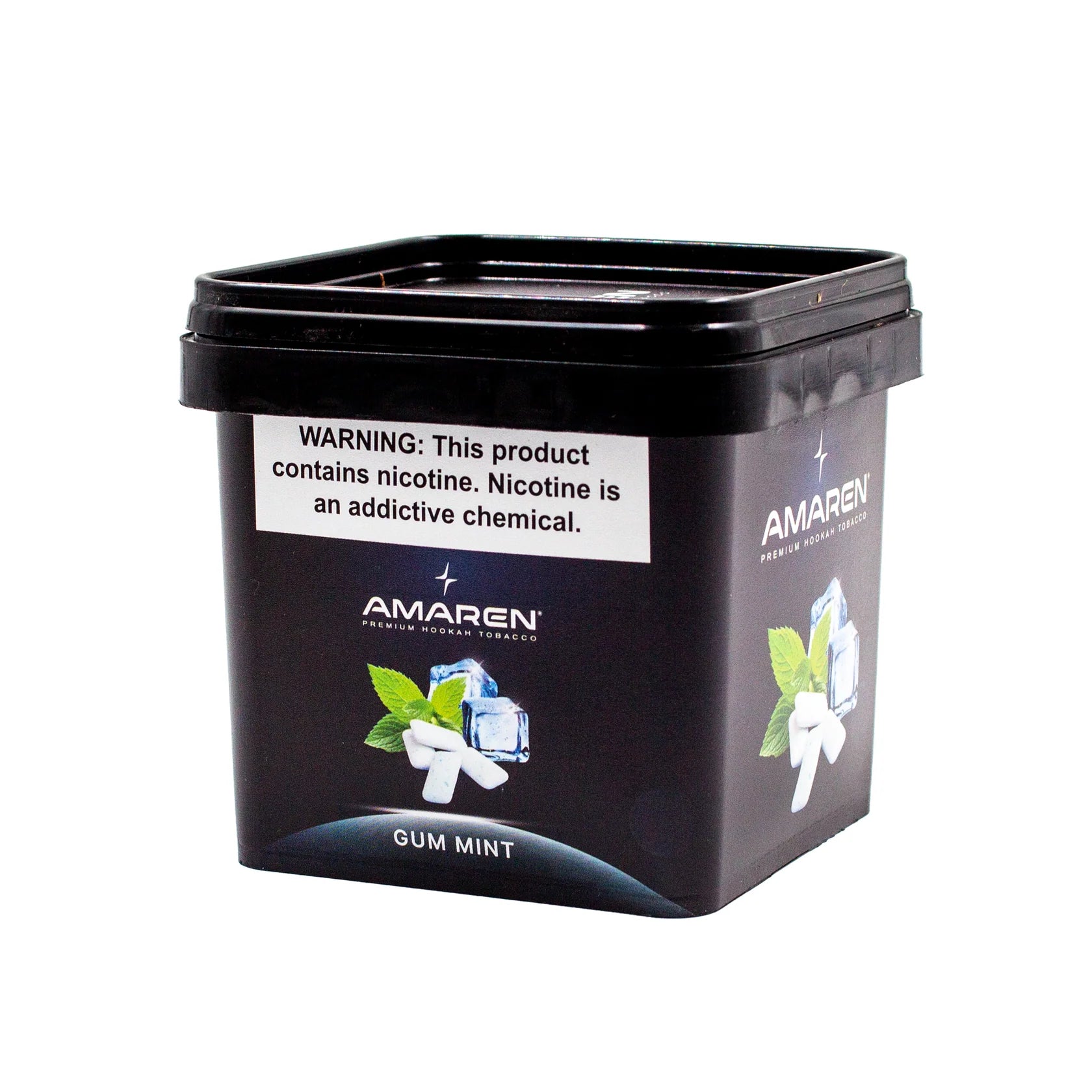 Black container of Amaren Gum Mint with warning label on a white background