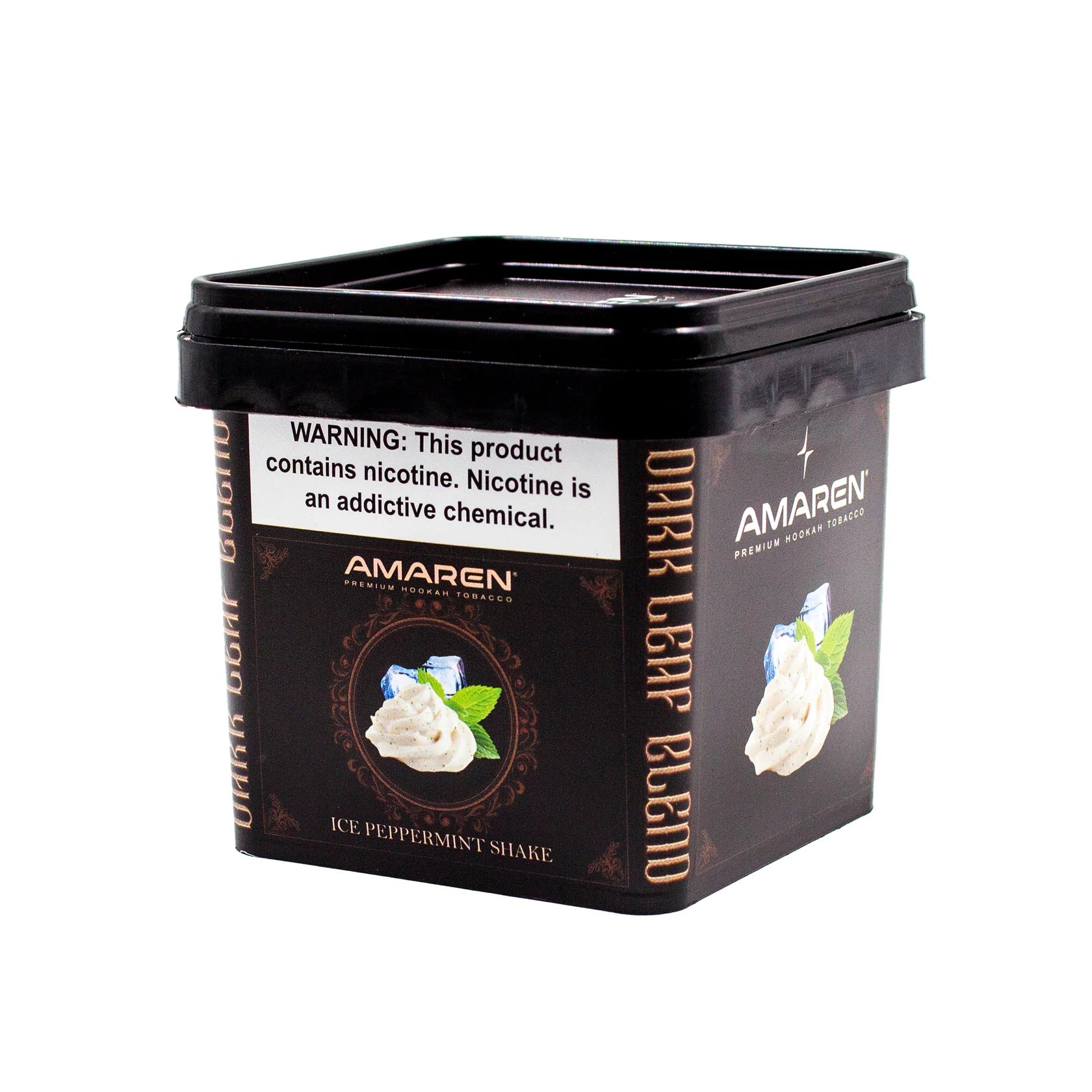 Amaren dark leaf blend container with nicotine warning label on a white background