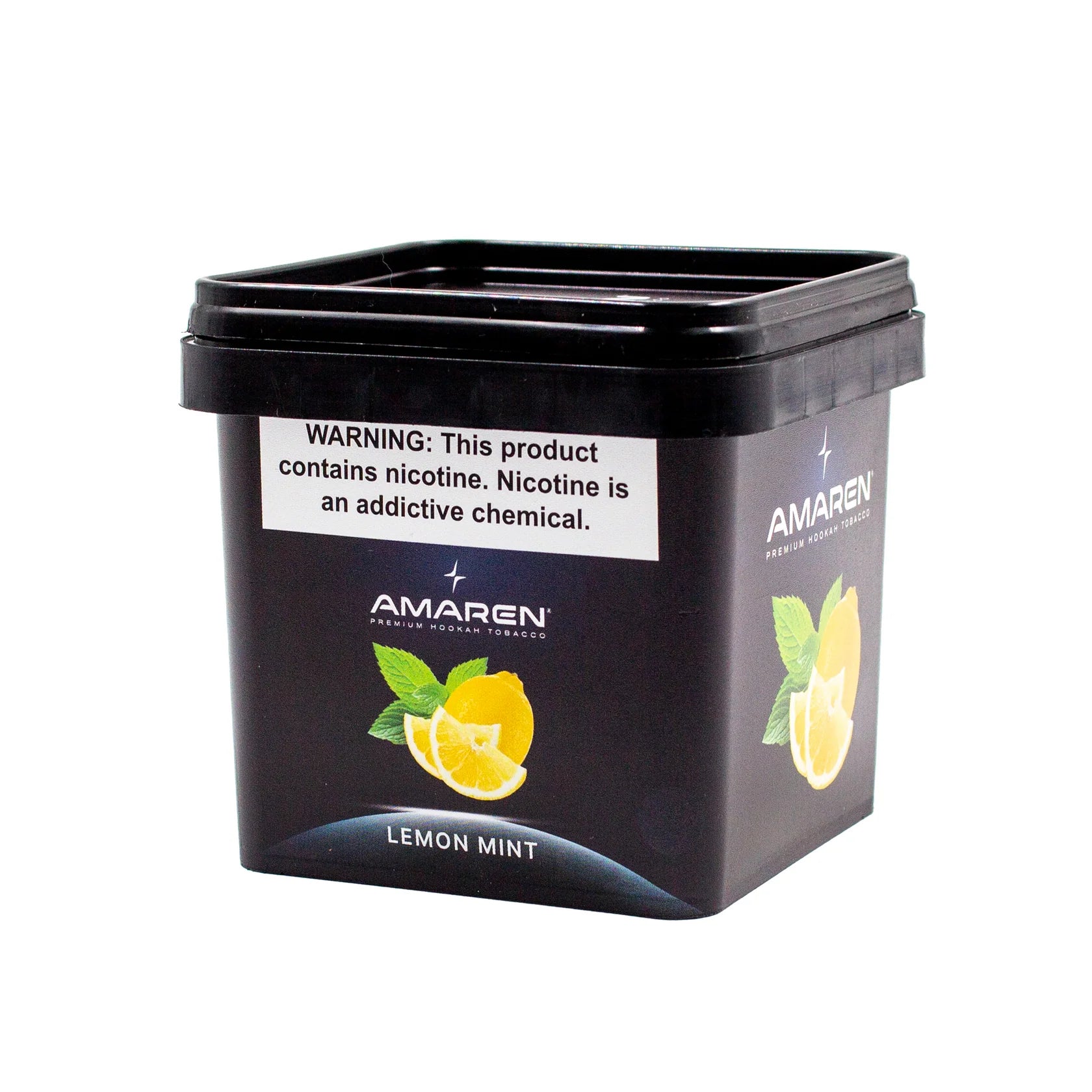 Black container of Amaren lemon mint product with nicotine warning label on a white background