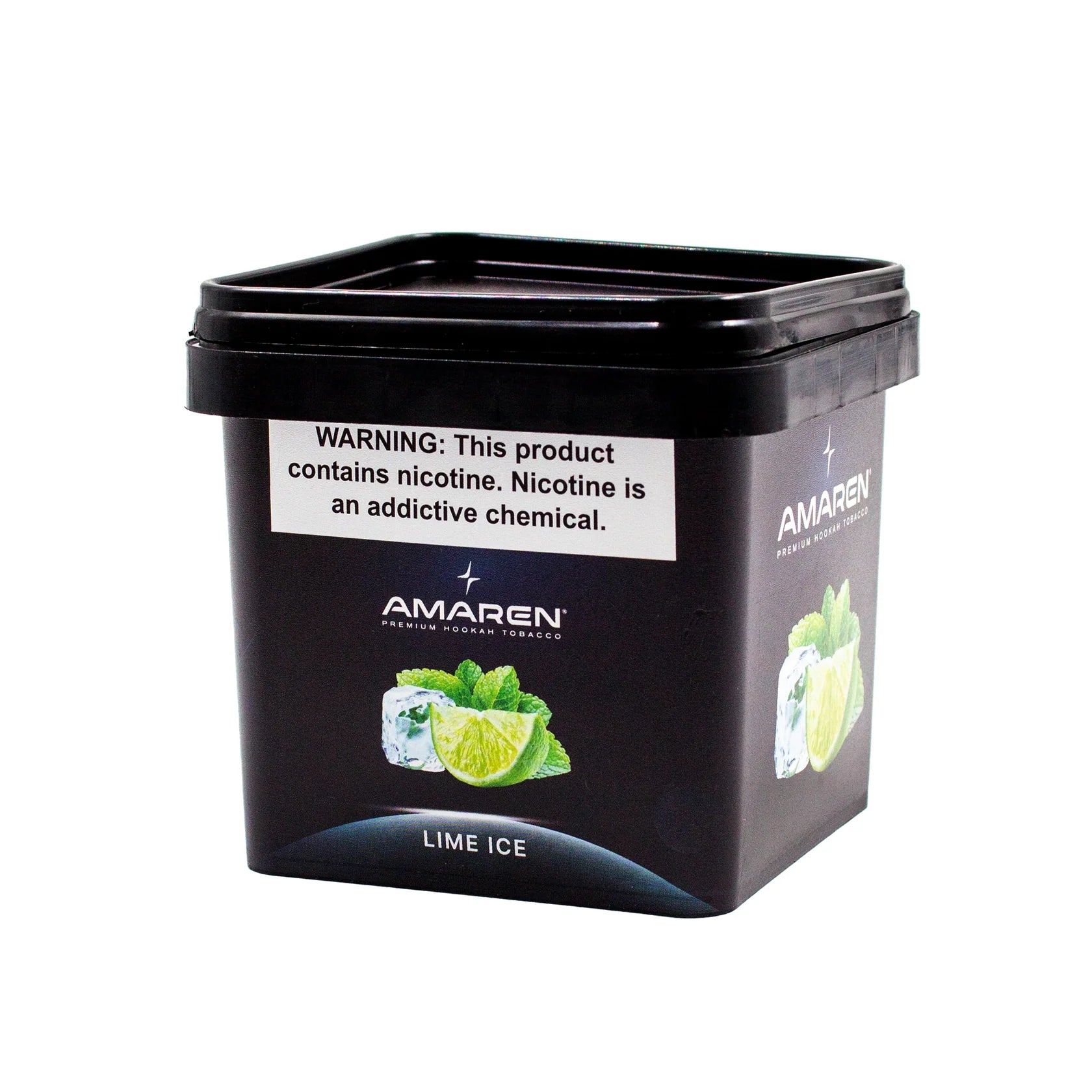Black container of Amaren Lime Ice with nicotine warning label on a white background