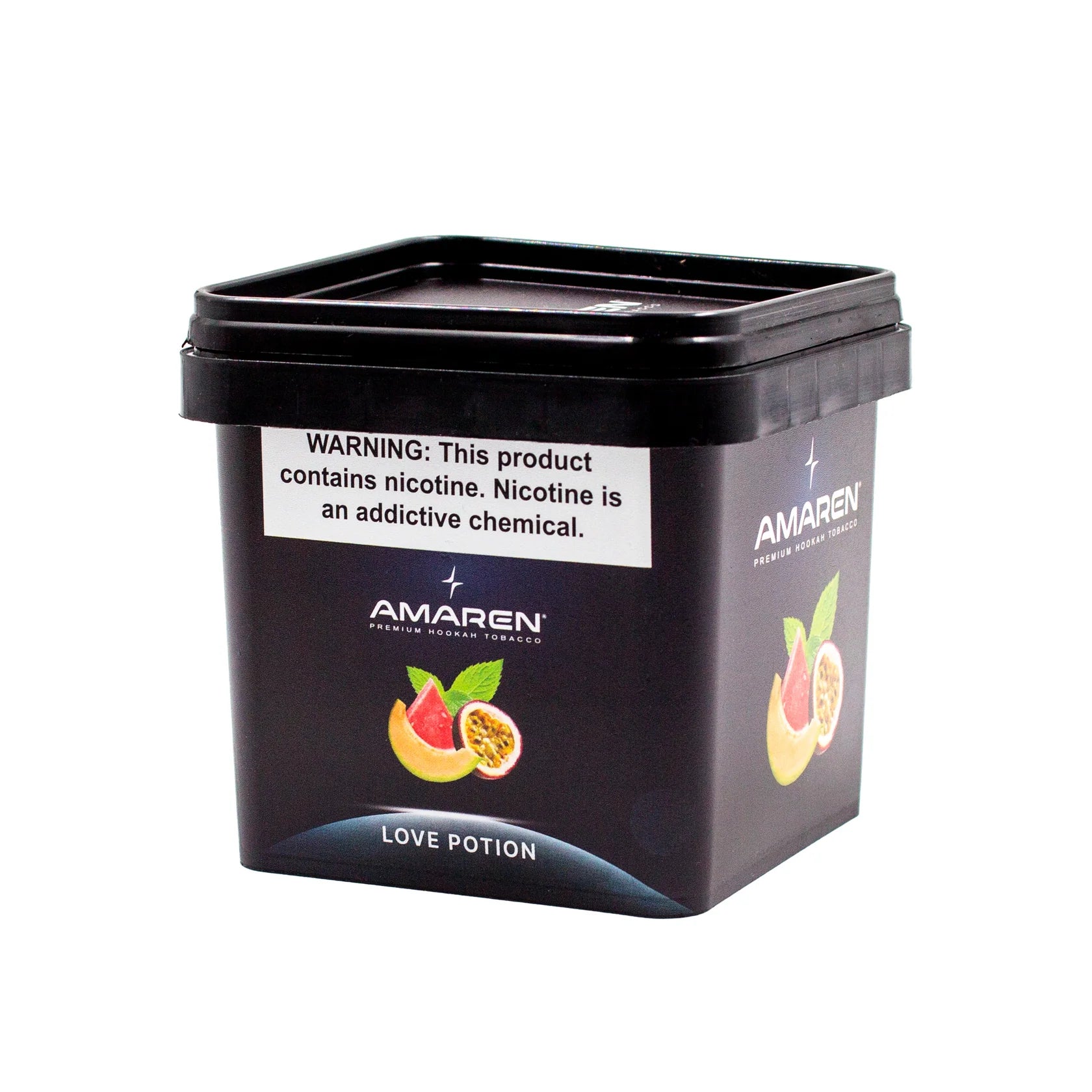 Black container of Amaren Love Potion with nicotine warning label on a white background