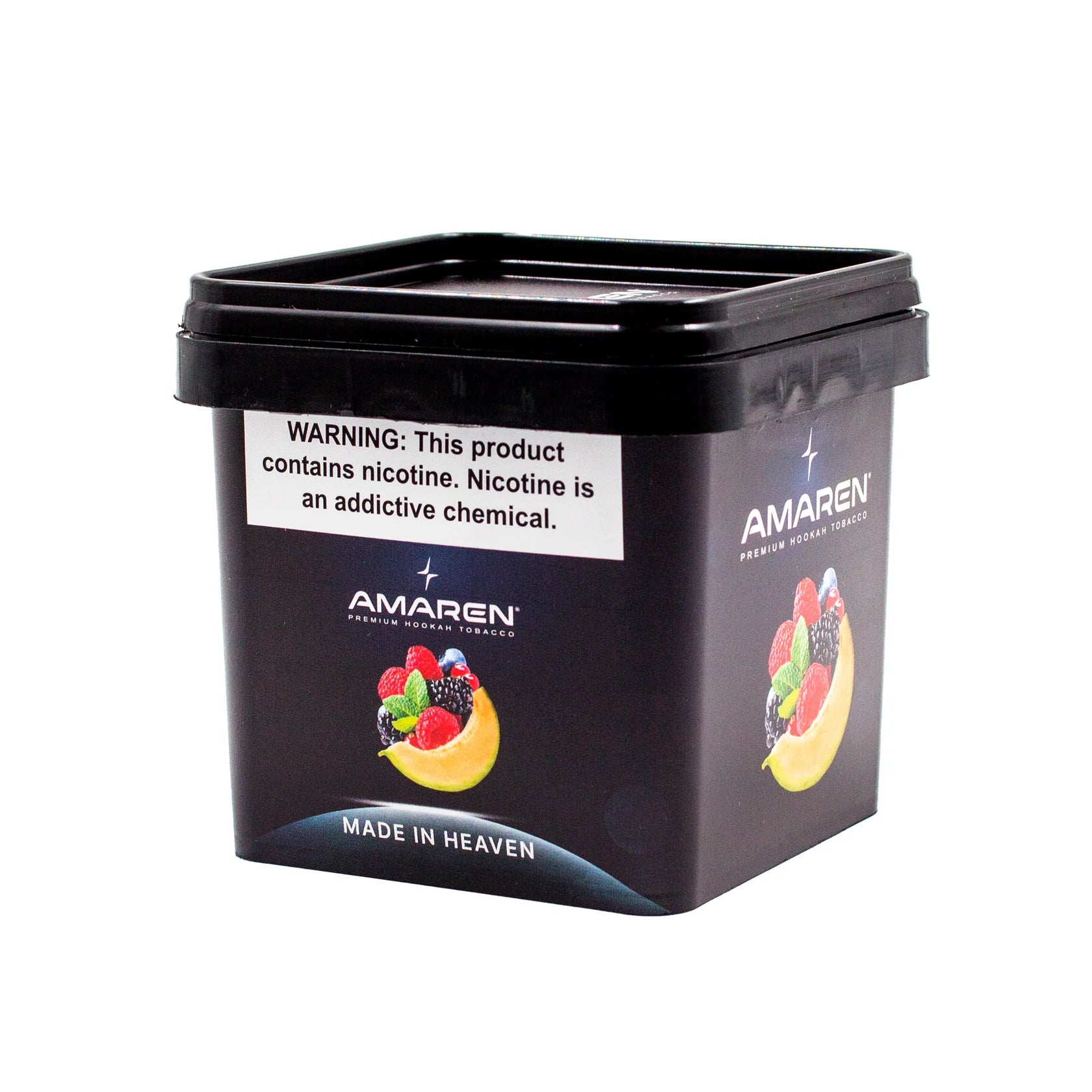 Black container with fruit illustration and 'Amaren' branding on a white background