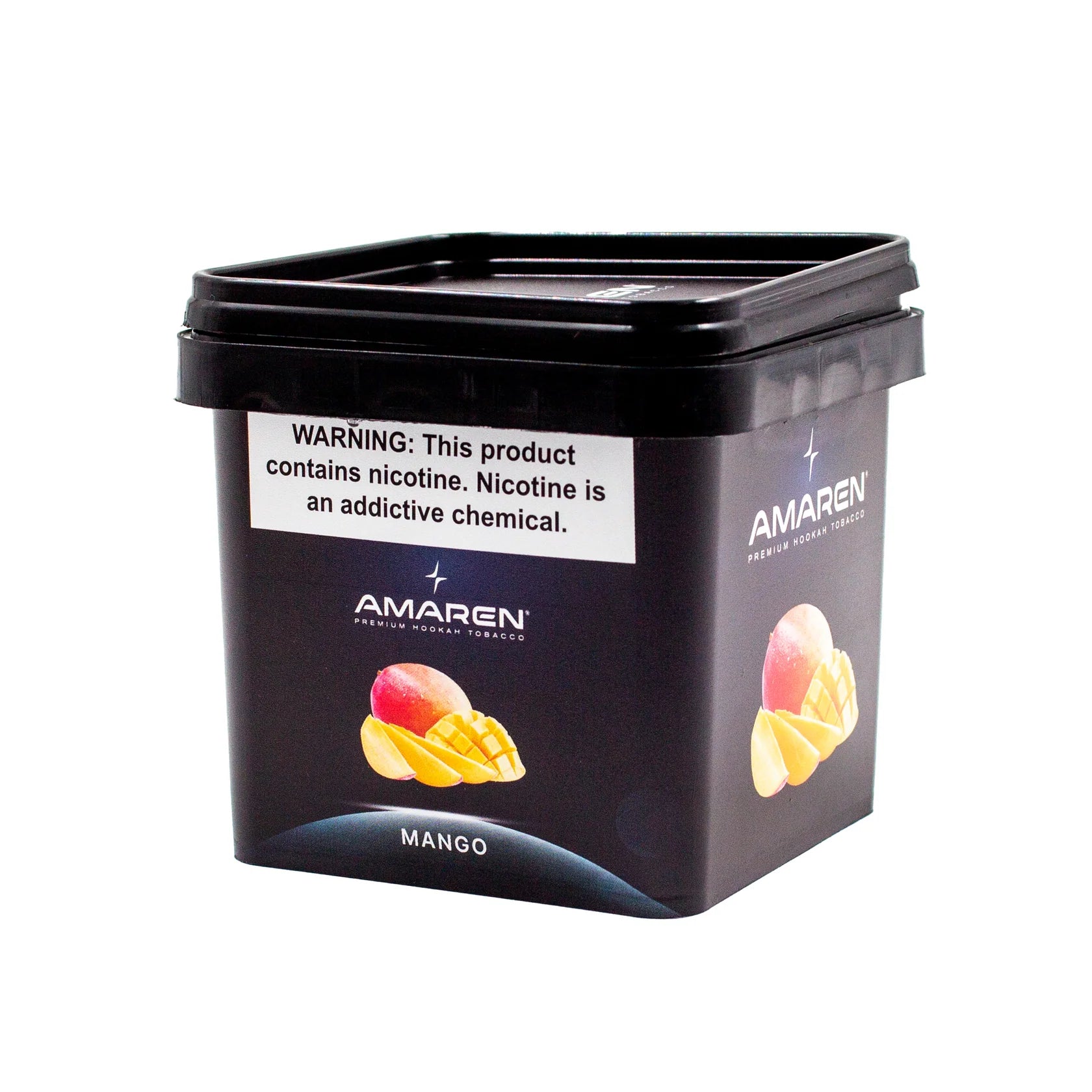Black container of Amaren mango-flavored product with warning label on a white background