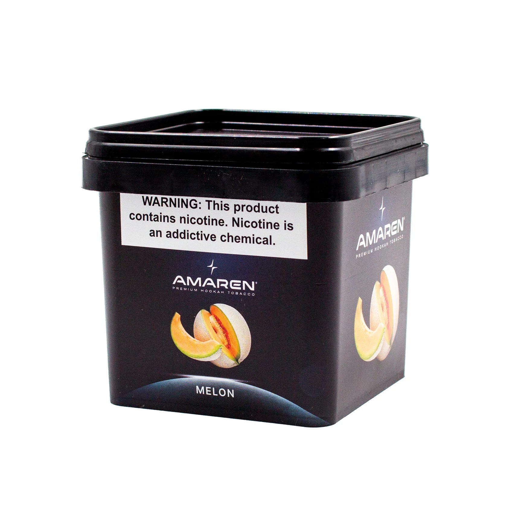 Black container of Amaren melon-flavored product with nicotine warning label on a white background