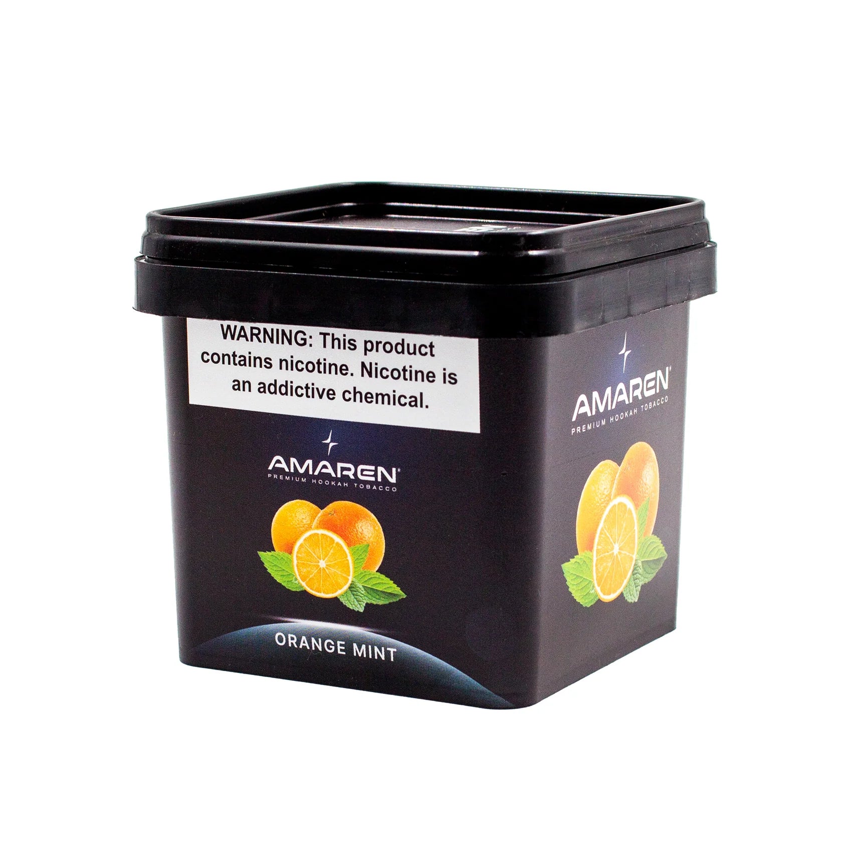 Black container of Amaren orange mint tobacco with nicotine warning label