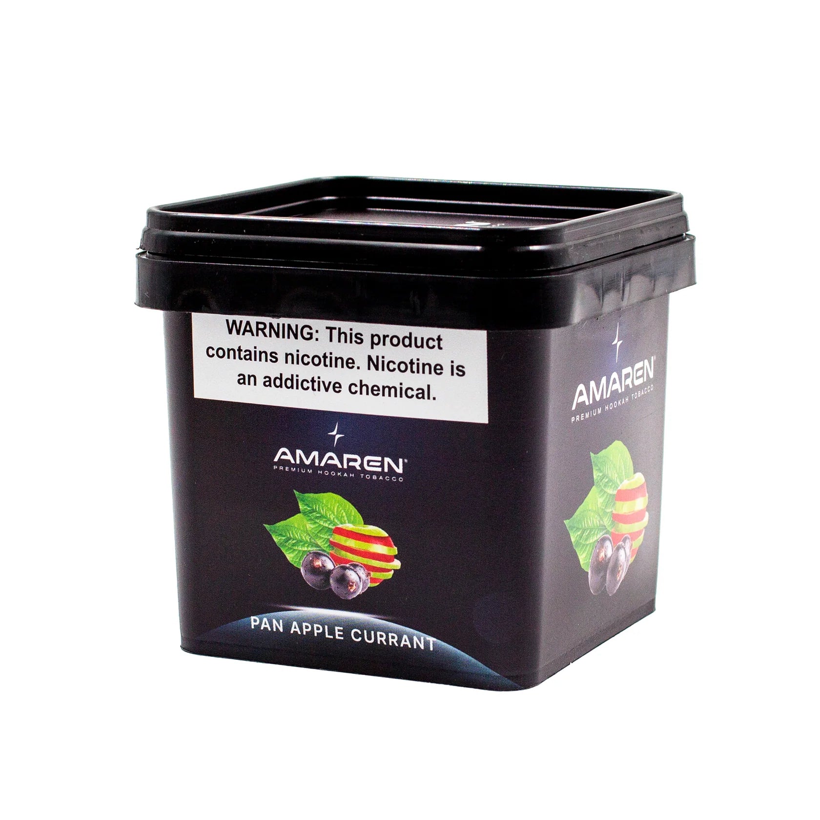 Black container of Amaren tobacco with nicotine warning label on a white background