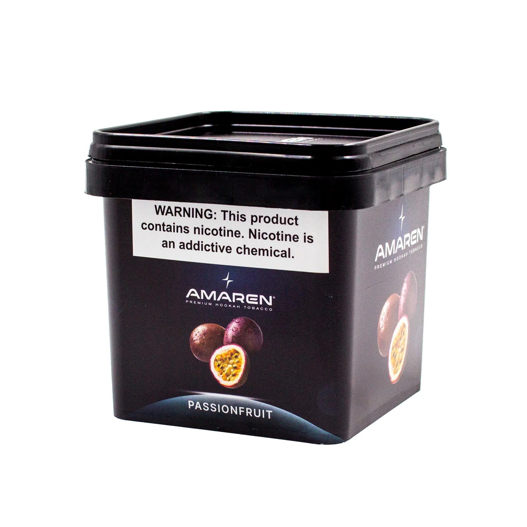 Amaren passionfruit product packaging with warning label on a white background
