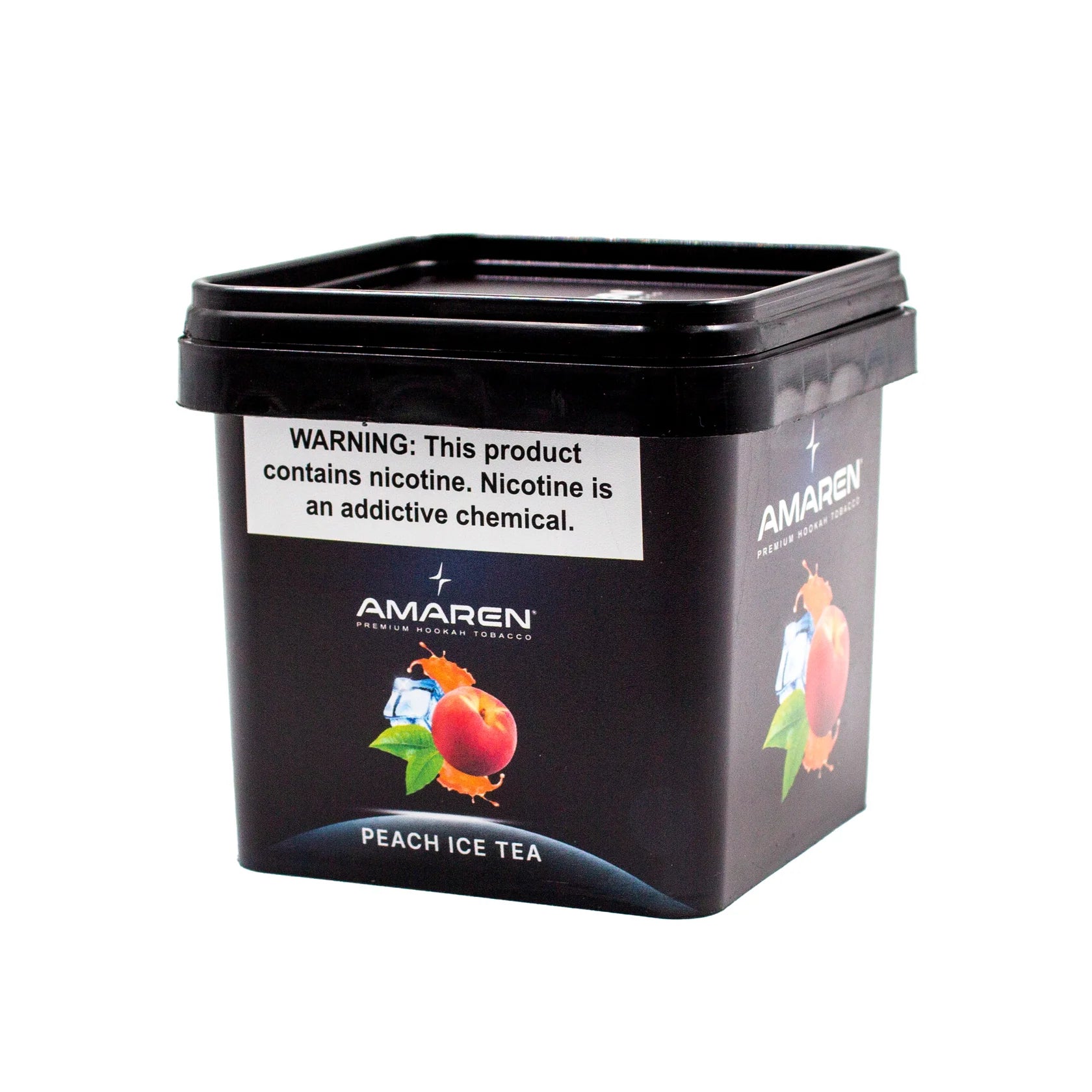 Black container of Amaren Peach Ice Tea with warning label on a white background