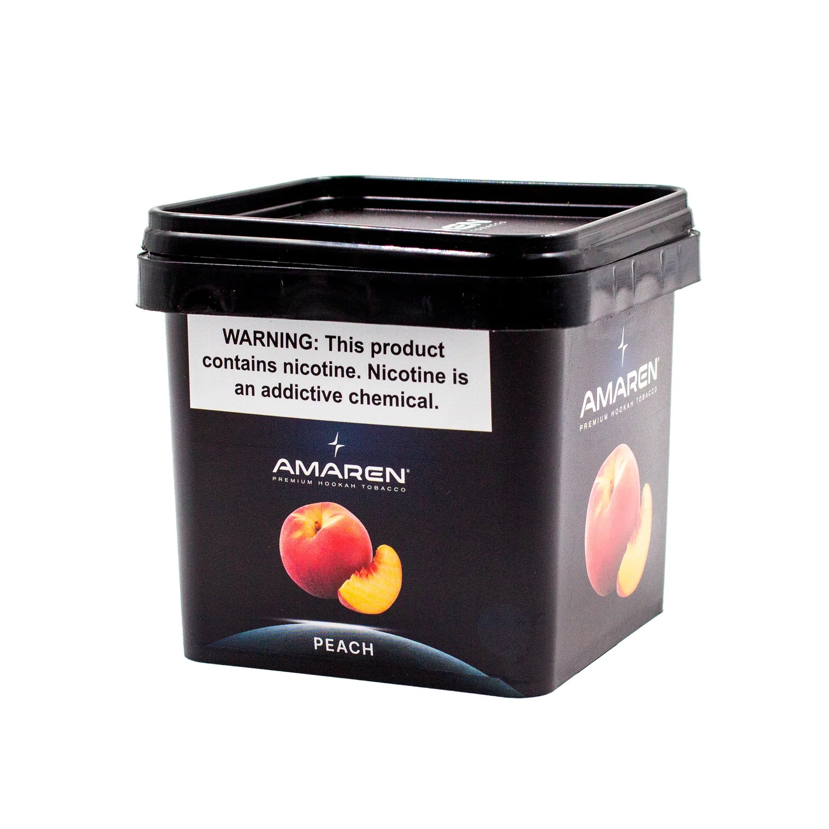 Amaren peach-flavored tobacco container with warning label on a white background