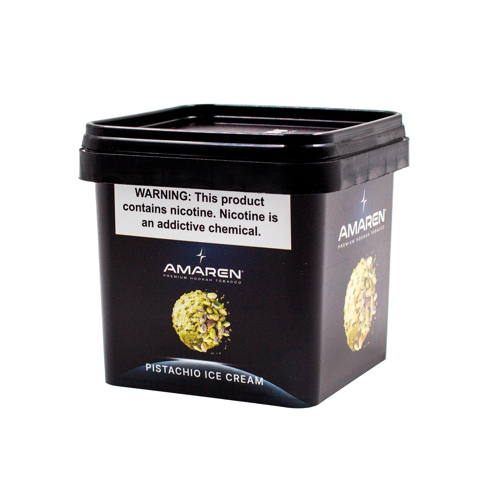 Amaren pistachio ice cream container with warning label on a white background