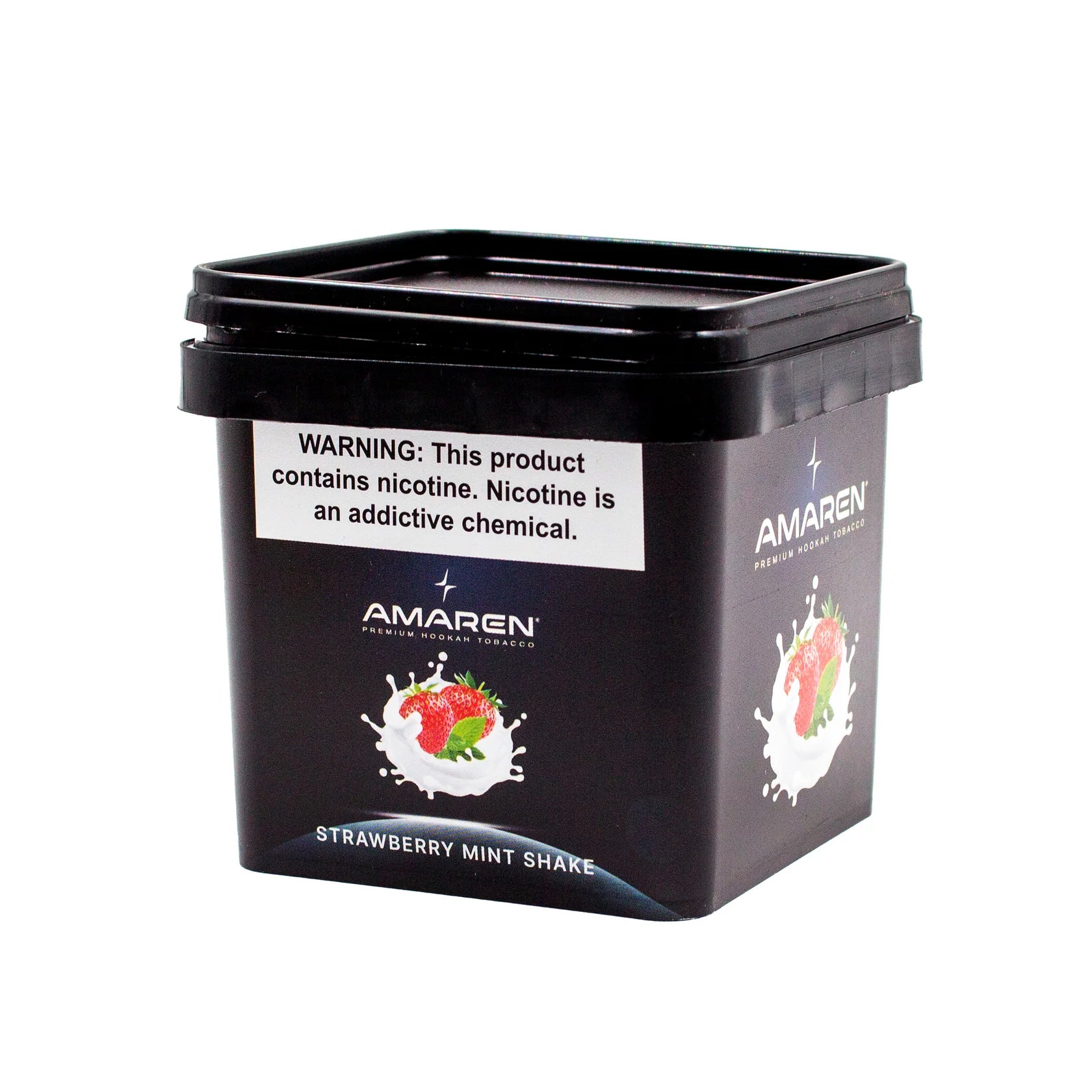 Black container of Amaren strawberry mint shake with warning label on a white background
