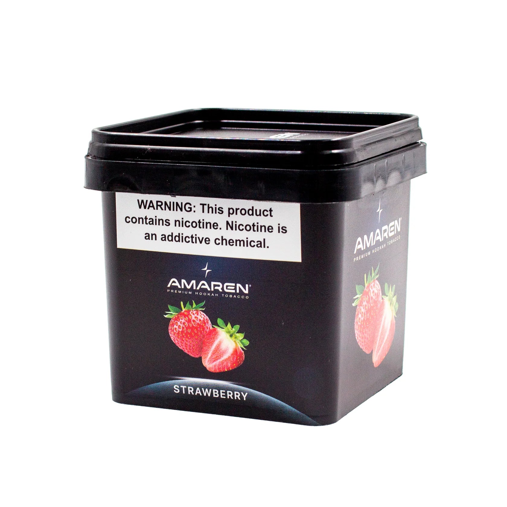 Black container of Amaren strawberry-flavored product with warning label on a white background