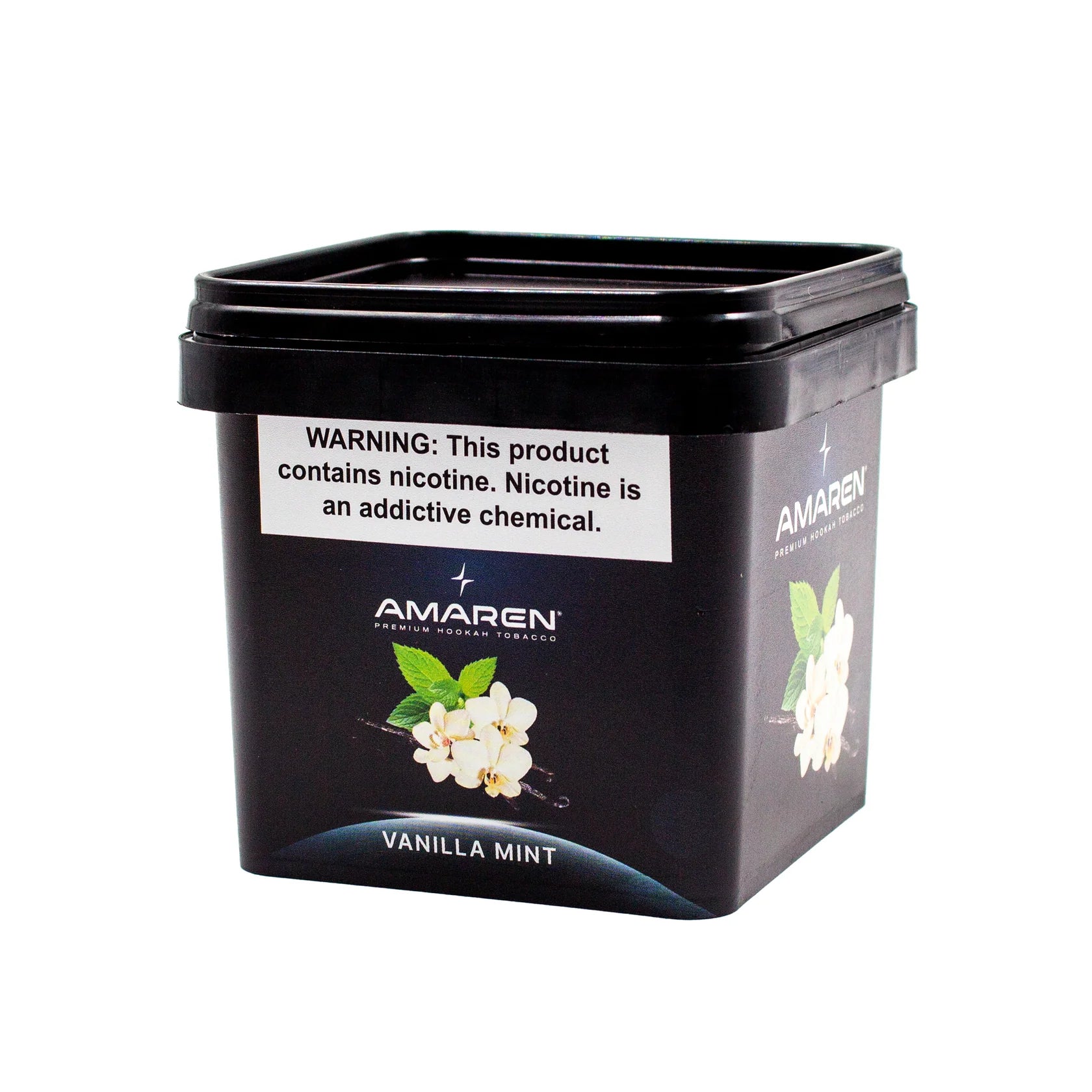 Amaren vanilla mint product packaging with a warning label on a white background
